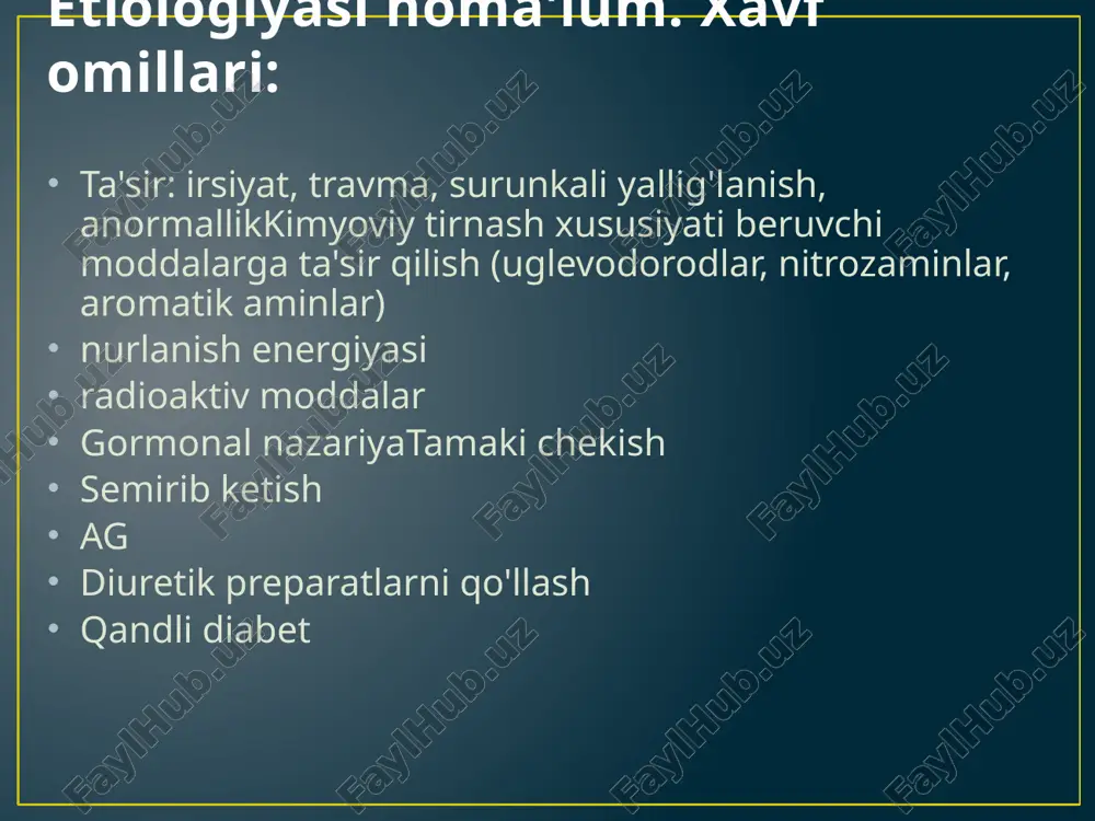 n0 m0) mahalliy rivojlangan jarayon ( t3-4 n0-1 m0 buyrak va pastki vena kava ichiga o'smaning kirib borishi disseminatsiyalangan buyrak saratoni bilan og'rigan bemorlar uchun palliativ nefrektomiya limfadenektomiya - diafragma oyoqlari sathidan aorta va pastki vena kava bifurkatsiyasigacha bo'lgan asosiy tomirlarni o'rab turgan limfa tugunlari bilan barcha yog'li to'qimalarni olib tashlash. hajmi 4 sm dan kam bo'lgan o'smasi bo'lgan bemorlarda limfadenektomiya o'tkazilmaydi. laparoskopik nefrektomiya: buyrak saratoni t1-2 n0 buyrak rezektsiyasi: mutlaq o'qishlar: * bitta buyrak shishi * ikkala buyrakdagi o'smalar - og'ir buyrak etishmovchiligi (kreatinin > 250 mkmol/l)nisbiy o'qishlar: crf (kreatinin 150-250 mkmol/l) * boshqa urologik kasalliklar mavjud bo'lganda buyrakning etarli darajada ishlashi buyrak rezektsiyasidan keyingi asoratlar: qon ketishi 2% siydik oqmasining shakllanishi 17% opn 13% (bitta buyrak rezektsiyasidan keyin) yuqumli asoratlar 3% minimal invaziv davolash usullari : krioablatsiya rf ablasyonu konservativ davolash usullari : kimyoterapiya immunoterapiya radiatsiya terapiyasi semptomatik davolash image1.jpeg image2.jpeg image3.jpeg image4.jpeg image5.jpeg image6.jpeg image7.jpeg image8.jpeg image9.jpeg …