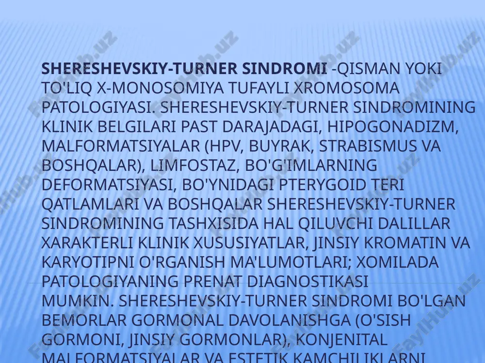 davolashning asosiy vazifalari o'sishni rag'batlantirish, ikkinchi darajali jinsiy xususiyatlar va muntazam hayz davrining paydo bo'lishini induktsiya qilishdir. erta bolalik davrida davolash o'ziga xos emas-massaj, mashqlar, vitaminlar, to'liq ovqatlanish, himoya rejimi. oxirgi o'sishni oshirish uchun rekombinatli o'sish gormoni (somatotropin) 15 yillik suyak yoshiga etgunga qadar kundalik teri osti in'ektsiyalari shaklida belgilanadi va o'sish tezligini yiliga 2 santimetrga kamaytiradi. ko'p hollarda, rostostimulatory davolash bemorlar 150-155 sm gacha o'sadi yordam beradi.o'sish gormoni davolash anabolik steroidlar bilan davolash birlashtirish tavsiya etiladi. shereshevskiy-turner sindromining prognozi va oldini olish umuman olganda, shereshevskiy-turner sindromi umr ko'rish davomiyligiga sezilarli ta'sir ko'rsatmaydi. istisnolardan tashqari, og'ir vps, erta rivojlanish va birgalikda kasalliklarni dekompensatsiyalash hollari mavjud. etarli terapiya bilan shereshevskiy-turner sindromi bo'lgan bemorlar oilalarni yaratishi, normal jinsiy hayotga olib kelishi mumkin, ammo ularning aksariyati samarasiz qoladi. klinefelter klinefelter sindromi - erkakning karyotipida bir yoki bir nechta qo'shimcha ayol jinsiy xromosomalari mavjudligi sababli xromosomal patologiya. klinefelter sindromi asosiy hipogonadizm, kichik miqdordagi moyak, …