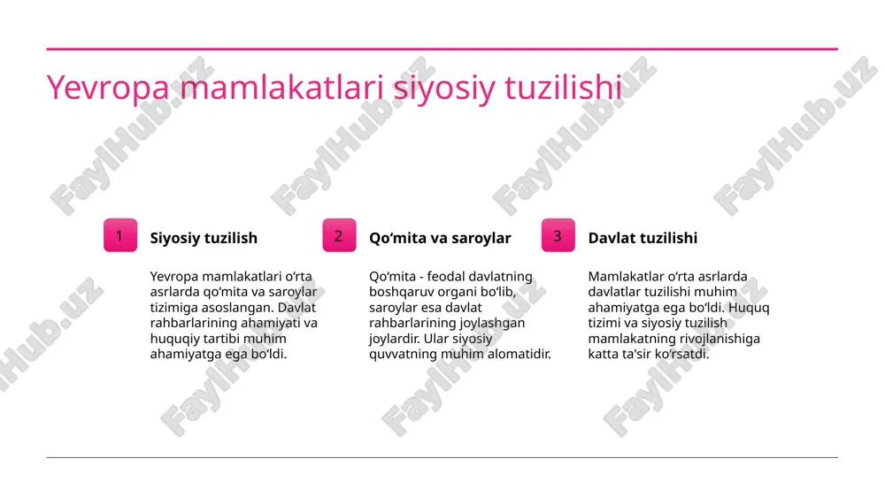 y prinsiplari o‘rta asr yevropa mamlakatlari davlati huquq tizimining rivojlanishi asosiy prinsiplariga adolatli va samarali huquqiy munosabatlar kiritilgan. huquq tizimining moddalarining o'rtacha asrlardagi o'rniga ta'siri o‘rta asrlarda yevropa mamlakatlari davlati huquq tizimining rivojlanishi moddalari, huquqiy xavfsizlik va huquqiy himoyalashni ta’minlashda katta o‘rin o‘rnadi. feodalizm va huquq tizimi aloqasi o'rtacha asrlarda feodalizm va yevropa mamlakatlari davlati huquq tizimining rivojlanishi aloqasi o‘rtacha asrlarda huquq tizimini o‘z ichiga olgan va uning shakllanishiga etkazgan ahamiyatli ta'sirni ko‘rsatadi. o'rtacha asrlarda yevropa huquq tizimining asosiy prinsiplari 1 siyosiy tartib o‘rta asrlarda yevropa huquq tizimida siyosiy tartibning amaldagi vaqtiy rivojlanishi, davlatning hukmronlik organlarining aniqlanishi va ulardagi vazifalarni birlashtirishi kutilgan bo‘lishi. 2 adolatli yarg‘ilash huquq tizimining asosiy prinsipi adolatli yarg‘ilash, qonunchilik va huquqiy munosabatlar adolatli bajarilishi, har bir kishining huquq va erkinliklariga hurmat qilinishi. 3 o‘zaro munosabatlar feodalizmning o‘rta asrlarda yaratilgan huquq tizimi o‘zaro munosabatlar asosida rivojlanishini davom ettirgan, davlatlar o‘rtasidagi diplomatik aloqalar ko‘proq ro‘y berishishiga olib kelgan. …