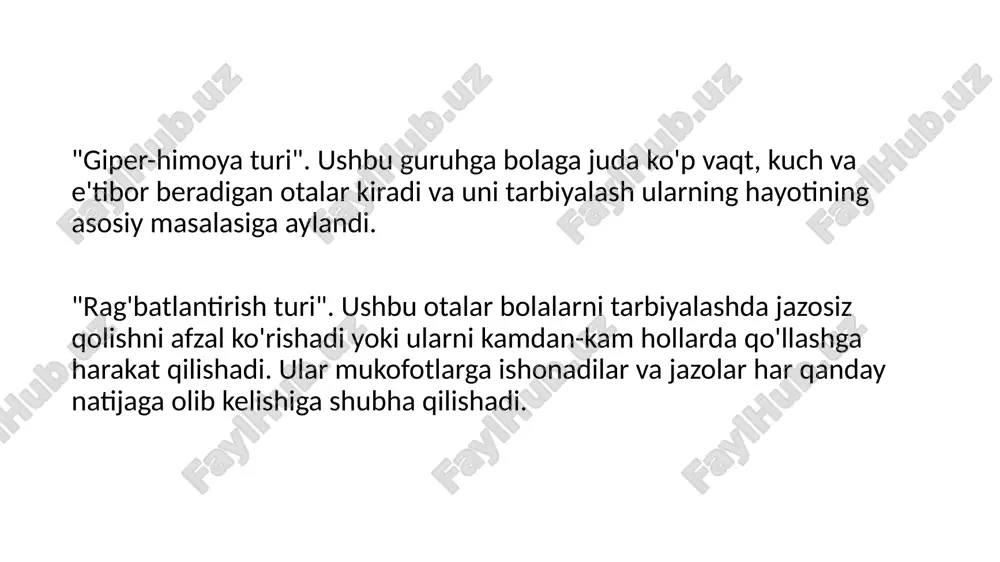 monaviy emas, aniqrog'i, faqat shunday ko'rinadi. ular har doim" otalikni o'rgatishadi", o'z farzandlariga yaqin bo'lish uchun jiddiy harakat qilishadi. baxtli ota. "men sizni tark etmayman"tamoyili asosida ishlaydi. u o'z avlodlarini tarbiyalashdan oldin to'liq ojizligini imzolaydi. agar bola undan biror narsa so'rasa, u odatda "onadan so'rang" yoki "orqada qoling"deb javob beradi. ehtiyotsizlikning turli xil variantlari mavjud, avlodlarini u haqida g'amxo'rlik qilmasdan qoldirish, ammo ularning barchasi bir narsaga bog'liq: ota o'ylaydi (va ba'zan aytadi): "men sizni tug'dim, moddiy jihatdan ta'minlayman — bu etarli. buning uchun menga rahmat aytishingiz mumkin." faqat ba'zida u oila va bolalarga nisbatan biror narsani o'zgartirish kerak degan fikrga keladi. u ota-onalik tamoyillari borligini tushunmaydi, u o'zini tutish uslubini o'zgartirishi va ko'p narsalarni o'rganishi kerak.34 otalarsiz va otalarsiz o'sgan bolalarni taqqoslab, olimlar hatto qobiliyatsiz, ko'pincha beparvo ota-ona ham juda muhimligini aniqladilar. otalarsiz o'sgan bolalarning da'volari past, tashvish darajasi yuqori. dadaning yo'qligi bolalarning, ayniqsa o'g'il bolalarning o'qishi va o'zini o'zi …