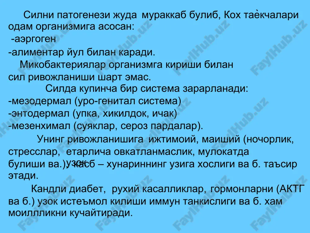 nisbatan sekinrok buladi. organizmni ximoya kuchlari susayganda birlamchi kompleks zurikadi, 4 ta shakli ajratiladi: gematogen shakli (miliar va yirik uchokli) limfa bezlariga xos shakli (sil bronxoadeniti) birlamchi affektni usishi (kazeoz pnevmoniya) aralash shakli birlamchi affekt usganda ba'zan ichidan yumshab, bushlik xosil kiladi. bu bushlik upkadagi birlamchi kaverna deb ataladi. ayni vaktda jaraѐn surunkali ravishda utadi, sil ikkala upkaga sekin – asta bronxogen yul bilan ѐyiladi, bemor ozib ketadi va birlamchi surunkali upka sili rivojlanadi. organizmni ximoya kuchlari susayganda ѐki bemor etarlicha davolanmaganda jaraѐn tuxtamay, sekin-asta zurikadi, shunday xollarda birlamchi sil kompleksi surunkali ravishga utadi, surunkali sil ruy beradi. birlamchi sil kompleksi generalizatsiyasini limfa bezlariga xos shaklida jaraѐn kupincha shunday utadi. uzok davom etaѐtgan silda ikkilamchi amiloidoz, tukimalarda paraspetsifik reaktsiyalar rivojlanishi mumkin. • sil granulemasi (berezov – shternberg hujayrasi) gon o'chog'i gematogen sil uni birlamchi sildan klinik jixatdan sogaygan, ammo tuberkulinga ortik darajada sezgirligini saklab kolgan, sil mikobakteriyasiga nisbatan anchagina immunitet …