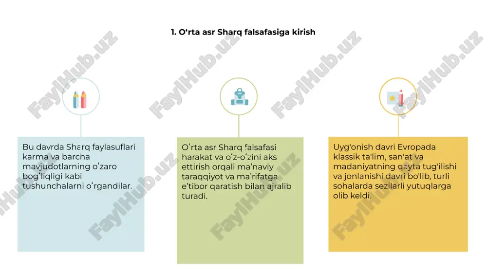 ni taklif etadi. 7. o'rta asrlar sharq falsafasining zamonaviy dunyoda dolzarbligi 1 2 3 2 o'rta asr sharq falsafasi aql, axloq va barcha narsalarning o'zaro bog'liqligi mavzularini o'rganish orqali uyg'onish davriga asos soldi. 1 uyg'onish davri bu g'oyalar asosida insonparvarlik, individualizm, bilimga intilish va o'z-o'zini takomillashtirishga urg'u berdi. 3 bugungi kunda o'rta asrlar sharq falsafasining zamonaviy dunyoda dolzarbligi uning ong, muvozanat, hayot va farovonlikka yaxlit yondashuv haqidagi ta'limotidadir. 8. o‘rta asr sharq falsafasidan uyg‘onish davriga o‘tish o'rta asr sharq falsafasi an'ana va hokimiyatga urg'u bergan bo'lsa, uyg'onish davri insonparvarlik va individualizmga e'tibor qaratdi. 01 o'tish diniy aqidalardan ilmiy izlanishlarga o'tishni va klassik matnlarga qiziqishning yangilanishini ko'rsatdi. 02 uygʻonish davri tafakkurini shakllantirishda sharq taʼsiri hamon rol oʻynadi, chunki islom va vizantiya manbalaridan olingan gʻoyalar yevropa intellektual doiralariga kirib bordi. 03 9. uyg'onish harakatining kelib chiqishi o'rta asr sharq falsafasi uyg'onish davriga asos solib, bilim, innovatsiya va madaniy almashinuvga urg'u berdi. harakat …
