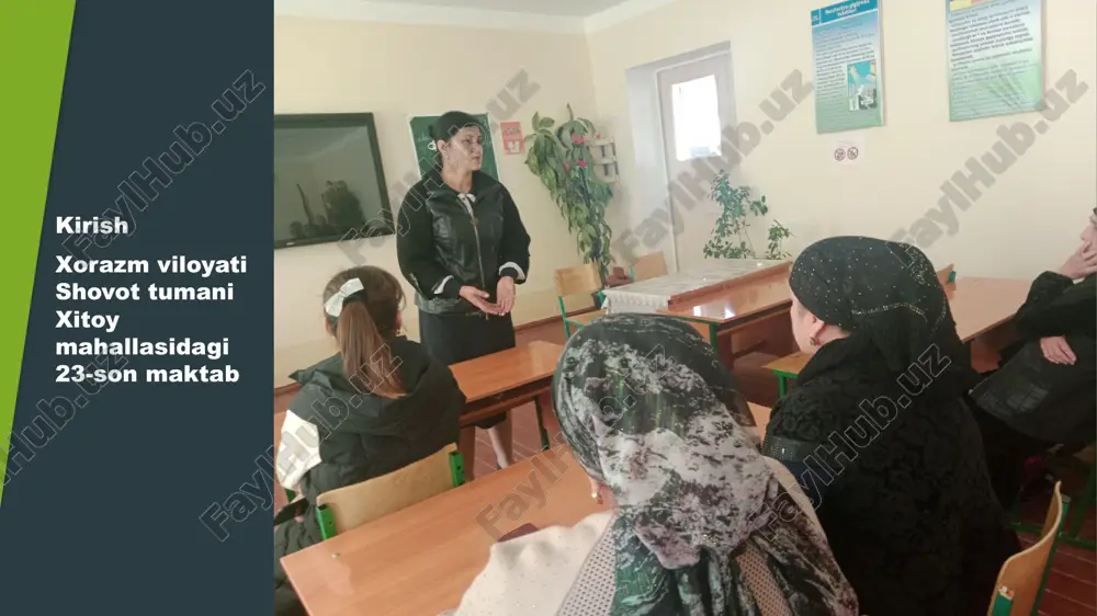 alar va psixologik mashqlar orqali boyitildi. amaliyotning sakkizinchi kuni 12.03.2025 "kaktus" va "oila" proyektiv metodikalarini o'tkazdim. ushbu metodikalar yordamida o‘quvchilarning shaxsiy fazilatlari, hissiy holati va oilaviy munosabatlari tahlil qilindi. natijalar asosida ularning psixologik xususiyatlari aniqlanib, kerakli tavsiyalar berildi. mashg‘ulot davomida bolalar o‘z his-tuyg‘ularini tasvir va ijodiy ifoda orqali namoyon qilishdi. amaliyotning to’qqizinchi kuni 13.03.2025 respublika tashxis markazi tomonidan tavsiya etilgan tashxis metodikalarini o'tkazdim. ushbu metodikalar yordamida o‘quvchilarning psixologik holati, shaxsiy xususiyatlari va rivojlanish darajasi baholandi. natijalar asosida individual va guruhiy tavsiyalar ishlab chiqildi hamda kerakli psixokorreksion ishlar rejalashtirildi. amaliyotning o’ninchi kuni 14.03.2025 o‘quvchilarda “tashkilotchilik va kommunikativlik qobiliyatini aniqlash” kts psixologik-pedagogik diagnostik testini o'tkazdim. natijalar asosida o‘quvchilarning jamoada ishlash qobiliyati, yetakchilik salohiyati va muloqot ko‘nikmalari baholandi. test natijalari tahlil qilinib, zarur hollarda rivojlantirishga yo‘naltirilgan tavsiyalar berildi. amaliyotning o’n birinchi kuni 15.03.2025 biriktirilgan sinf (guruh)larning darslarini kuzatdim. o‘quvchilarning faolligi, o‘zaro muloqoti va darsga bo‘lgan qiziqishini baholadim. o‘qitish jarayonidagi psixologik muhitni tahlil qilib, …
