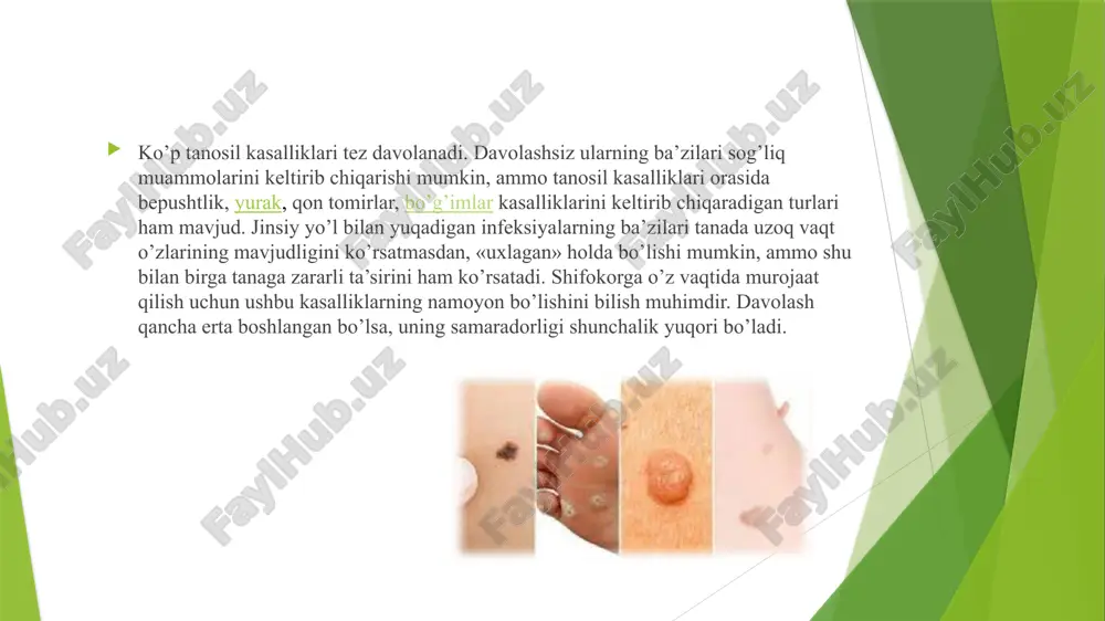 ib qoladi, shuning uchun doimiy ravishda shifokor nazorati ostida bo’lishi kerak. tanosil kasalliklari — gonoreya gonoreya (so’zak) — gonokokk qo’zg’atuvchisi sabab bo’lgan jinsiy yo’l bilan yuqadigan infeksiya. u ko’pincha 20-30 yoshdagi odamlarga ta’sir qiladi. ko’pgina hollarda infeksiya jinsiy aloqa (qin, anal, og’iz orqali) orqali sodir bo’ladi. odatda, ayollar infeksiyaning manbai hisoblanadi, chunki ularning kasalligi alomatsiz bo’lishi va tashxis qo’yish qiyin bo’lishi mumkin. tug’ruq paytida kasal onadan yangi tug’ilgan chaqaloqqa ushbu kasallik yuqishi mumkin. kasallikning belgilari infeksiyadan 3-5 kun o’tgach paydo bo’ladi. ayollarda sarg’ish-oq rangli oqindi, qorinning pastki qismida og’riq va hayz ko’rish oralig’ida qon ketishi kuzatiladi, ammo umuman alomatlar bo’lmasligi ham mumkin. erkaklarda infeksiyaning asosiy shakli gonoreal uretrit bo’lib, u siydik chiqarish yo’li bilan kuchayadigan siydik yo’lining tashqi teshigining qichishi va yonish hissi bilan tavsiflanadi. bundan tashqari, ko’p miqdordagi yiringli oqindi, shuningdek siydik yo’lining tashqi teshigining kuchli qizarishi va shishishi boshlanadi. gonoreyaning turlari: o’tkir (2 oygacha); surunkali (2 oydan ortiq). …