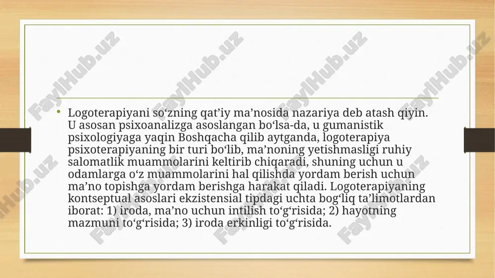 batan ongli ravishda qabul qilinadi. hayotning ma’nosini ushbu qadriyatlar va ular tomonidan yaratilgan harakatlarning har qandayida topish so’ngi ilmiy tadqiqotlar nazariyasi 6-jild 11-son respublika ilmiy-uslubiy jurnali 13.11.2023 303 mumkinligi sababli, v. franklning mantig‘iga ko‘ra, inson hayoti o‘z mazmunini yo‘qotadigan holatlar va holatlar mavjud emasligi kelib chiqadi. muayyan vaziyatda ma’no topish v. frankl ma’lum vaziyatga nisbatan harakat imkoniyatlarini anglashni chaqiradi. logoterapiya aynan shu xabardorlikda odamga vaziyatdagi potentsial ma’nolarning butun spektrini ko‘rishga va vijdoniga mos keluvchi narsani tanlashga yordam berishga qaratilgan. muhim: ma’no nafaqat topilishi, balki amalga oshirilishi kerak, chunki uni amalga oshirish inson tomonidan o‘zi amalga oshirishi bilan bog‘liq. ma’noni anglashdagi inson faoliyati mutlaqo bepul bo‘lishi kerak.v. frankl insoniyatning noetik darajasi kontseptsiyasini kiritdi, uni biologik qonunlar ta’siridan chiqarishga harakat qildi. irsiyat va tashqi holatlar imkoniyatlarning ma’lum chegaralarini belgilab qo‘yganligini anglagan holda, u inson mavjudligining uch darajasining mavjudligini ta’kidlaydi: biologik, psixologik va noetik yoki ma’naviy daraja. ma’naviy mavjudotda pastki darajalarga nisbatan hal …