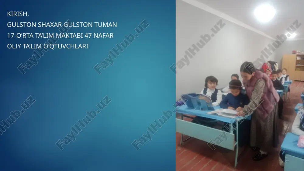 ochiq muhokamalar va interaktiv metodlar qo‘llanildi, bu esa o‘quvchilarning qiziqishini oshirdi va ularning o‘ziga bo‘lgan ishonchini mustahkamlashga yordam berdi. amaliyotning oltinchi kuni 10.03.2025 amaliyot davomida sinfga moslasha olmagan o‘quvchilar bilan individual ishlash olib bordim. ularning psixologik holatini aniqlash maqsadida suhbat va kuzatuv usullaridan foydalandim. har bir o‘quvchining muammolari va ehtiyojlarini inobatga olgan holda individual yondashuv asosida maslahatlar berildi.shuningdek, psixolog bilan hamkorlikda ularning moslashuv jarayonini yengillashtirishga qaratilgan mashg‘ulotlar tashkil etildi. sinf rahbari va ota-onalar bilan hamkorlikda muhokamalar o‘tkazilib, bolalarning ijtimoiylashuviga ko‘maklashish bo‘yicha tavsiyalar berildi. natijada, o‘quvchilarning sinfga moslashish darajasi yaxshilandi. amaliyotning yettinchi kuni 11.03.2025 amaliyot davomida respublika tashxis markazi tomonidan tavsiya etilgan tashxis metodikalarini o‘tkazdim. ushbu metodikalar orqali o‘quvchilarning psixologik holati, qiziqishlari va individual xususiyatlari aniqlab borildi. olingan natijalar asosida ularning ta’lim jarayonidagi ehtiyojlari tahlil qilindi.shuningdek, “maktabdagi kasblar” mavzusida suhbat tashkil etildi. suhbat davomida o‘quvchilarga turli kasblar, ularning xususiyatlari va kelajakdagi kasb tanlovi bo‘yicha muhim ma’lumotlar berildi. o‘quvchilarning kasbiy moyilliklarini aniqlash …