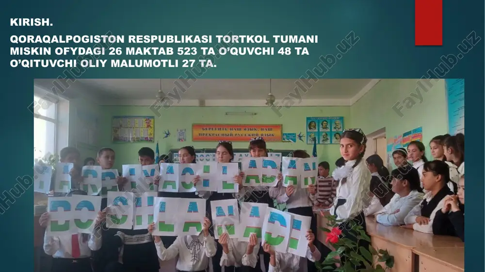 asblar haqida fikr almashildi va qiziqishlariga mos yo‘nalishlarni aniqlashga yordam berildi. mashg‘ulot yakunida o‘quvchilarga kasb tanlashda e’tibor berish lozim bo‘lgan jihatlar bo‘yicha tavsiyalar berildi. amaliyotning sakkizinchi kuni 12.03.2025 7–8-sinf o‘quvchilari bilan proektiv metodikalar asosida “mening kelajakdagi kasbim” mavzusida trening mashg‘ulotini o‘tkazdim. trening davomida o‘quvchilarning kasbga bo‘lgan qiziqishlari aniqlanib, kelajakdagi kasbiy rejalari shakllantirildi. mashg‘ulotda interfaol usullar qo‘llanilib, o‘quvchilarning mustaqil fikrlashi va kasbiy yo‘nalishga oid qaror qabul qilish qobiliyatlari rivojlantirildi. yakunda kasb tanlash bo‘yicha tavsiyalar berildi. amaliyotning to’qqizinchi kuni 13.03.2025 o‘quvchilar bilan “zo‘ravonlik va kamsitishlarsiz sog‘lom shaxslararo munosabatlarni rivojlantirish” mavzusida suhbat o‘tkazdim. “mehribon bo‘lishni o‘rganing” mavzusidagi mashg‘ulot orqali o‘quvchilar o‘zaro hurmat va empatiya tushunchalarini chuqurroq angladilar. shuningdek, empatiya darajasini aniqlash bo‘yicha psixologik test o‘tkazilib, natijalar tahlil qilindi va zarur tavsiyalar berildi. amaliyotning o’ninchi kuni 14.03.2025 o‘quvchilar bilan “kasb ustalari” mavzusida trening mashg‘ulotini o‘tkazdim. mashg‘ulot davomida turli kasblar haqida ma’lumot berildi, kasbiy qiziqish va moyilliklarni aniqlashga qaratilgan interaktiv mashqlar bajarildi. o‘quvchilar o‘zlari uchun …