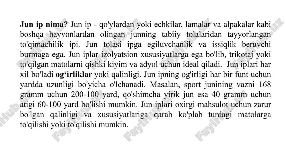 sifatli mahsulotlar i. ch. angliya, avstraliya, belgiya, rossiya, finlandiya, polsha kabi qator davlatlarda keng rivojlangan. yangi zelandiya, avstraliya, qirgʻiziston, qozogʻiston jahon bozoriga sifatli jun tolalari yetkazib beradi jun – bu sut emizuvchilarning yigiriluvchanlik yoki namatlanish sifatlariga ega boʻlgan qil (tuk) qoplami hisoblanadi. junni qayta ishlash sanoatida ishlatiladigan xom ashyo, asosiy toʻqimachilik tolalaridan biri. sanoatda ishlatiladigan junni asosiy qismini qoʻy juni tashkil etadi; shuningdek, echki, tuya, quyon, qoʻtos, ot, sigir, bugʻu, it va boshqalar. hayvonlardan olinadigan jun ham ishlatiladi. jun tolasining sifati uning yigirilish xususiyati, ingichkaligi, uzunligi, puxtaligi, rangi, choʻziluvchanligi, namlik yutishi va boshqa xossalari bilan belgilanadi. kimyoviy tuzilishi jihatidan oqsilli birikmalarga kiradi. jundan gazlamalar, trikotaj, gilam, texnik movut, adyol, poyabzal, namat, fetr va boshqa mahsulotlar tayyorlanadi. jonivorlardan qirqib olinadigan (qoʻy, echki va boshqa), tarab olinadigan (tuya, it, echki va quyon momigʻi) yoki tullash paytida yigib olinadigan (sigir, ot) jun tabiiy jundir, soʻyilgan hayvonlar terisini qayta ishlash korxonalarida olinadigan jun zavod …