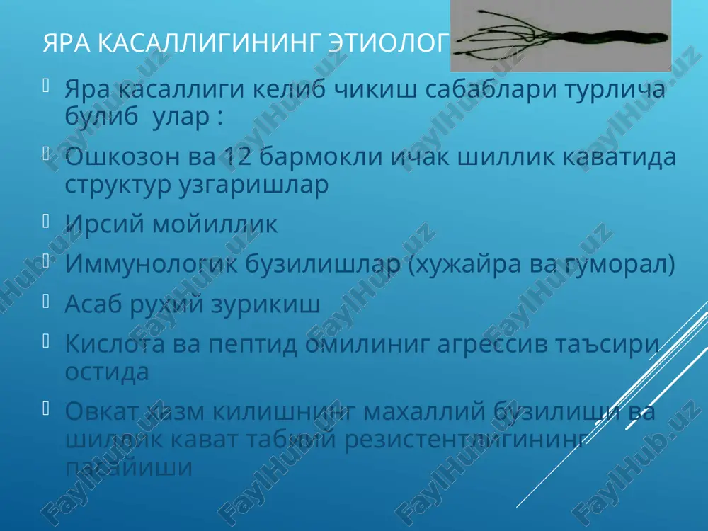 oshkozon bushagandan keyin yukoladi. umuman olganda mashxur bulgan klassik moyningancha ritm: och kolish/ogrik/ovkat/ engillik/och kolish/ogrik… bu kupincha katta yoshdagi bolalar uchun xos xisoblanadi. yara kasalligi mavjud bulganda korinni yuzaki palpatsiya kilinsa, mushaklarning lokal taranglashishi, perkussiyada lokal ogrik seziladi. mendel simptomi musbat buladi. 2. dispepsik sindrom. uz ichiga kekirish, achishish, kusishni oladi. bu sindromga giperatsidlik sababli kelib chikadigan kabziyatni xam kushish mumkin. kekirish oshkozon ichida bosimning oshishi va kardial sfinkter etishmovchiligi okibatida kelib chikadi. 3. astenovegetativ sindrom. bemor umumiy axvoli kuzgalish davrida yomonlashadi.umumiy xolsizlik, kuchsizlik, kup terlash, ish faoliyatining pasayishi, kuzgaluvchanlik kelib chikadi. ayrim xollarda kasallarda kuchli ariklab ketish kuzatiladi. kasallikning asoratlari. kon ketish. perforatsiya penitratsiya stenoz va deformatsiya oshkozonda joylashgan yara diagnostika anamnez. labarotor tekshiruvlar. rentgenologii tekshirish. anik belgilar: (pryamie) «tokcha» simptomi – rentgen kontrast modda bilan tulgan yara nuksonining tasviri. bariy modda deposi. - yalliglanish vali. - oshkozon konrurlarining chandikli deformatsiyasi - shillik kavat burmalarining tokchaga karagan radial konvergentsiyasi. …