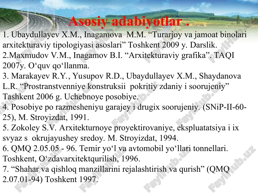 malaka bilan qaralishini qiyinlashtirgan bo'lishi mumkin. avtomobil yo'llari arxitekturasida ikkita maqsadga xizmat qilishi kerak: butun yo'l bo'ylab yo'l yoqasidagi manzara bilan uyg'un bo'ladigan yaxlit arxitekturaviy ansamblini yaratish; harakat xavfsiz va qulay bo'lishini ta'minlash. yo'l me'morlik loyihasini tuzish ikkita miqyosda boradi: -birinchidan trassa belgilanganda uning atrof manzaradagi asosiy, yirik elementlar bilan uyg'un bo'lishi hisobga olinadi; -ikkinchidan esa alohida yo'l uchastkalarining batafsil loyihasi yo'l o'sha qismidagi muhit bilan bog'lanib tuziladi. ikkinchi vazifa birinchisidan oson emas, sababi uni hal qilish uchun bir-birini istisno qiladigan ikkita usul ishlatiladi – ya'ni yo'l atrofdagi binolar, yashil muhitga mos qilinadi yoki mavjud yoki loyihasi tuzilayotgan avtomobil yo'li qanday bo'lishiga qarab binolar quriladi, yo'l ko'kalamlashtiriladi, bezatiladi. yo'l me'morchiligidagi maqsad uning quyidagi asosiy qismlarini hosil qildi: -yo'lning me'moriy kompozitsiyasini tuzish; -makonda yo'l o'tkazish; -yo'lni manzaraga uyg'un qilish qoida va usullarining bir qismi sifatida manzara loyihasini tuzish; -avtomobilni boshqarishda xavfsiz va qulay bo'lishi uchun me'morlik ob'ekti kompleksining bir qismi sifatida …