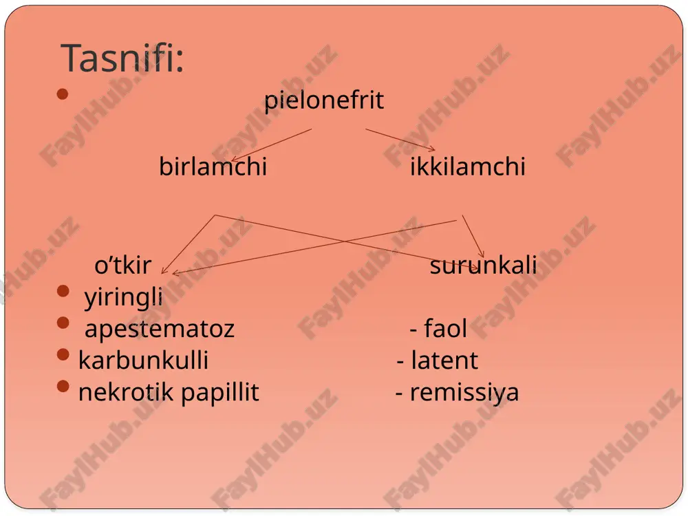 shi samaraga erishish imkoniyatini yaratadi. lekin ayrim hollarda ba'zan asbobiy tekshirishlar (kateterlash, drenaj qo'yish va boshqalar) siydik yo'llariga infeksiya tushishiga sabab bo'lishi va pielonefritga olib kelishini esdan chiqarmaslik kerak. surunkali piyelonefritni tez-tez qaytalanib turishga moyilligini inobatga olib unga qarshi davo choralarini o'tkazish muhim amaliy ahamiyatga ega. buning uchun antibakterial dorilarni o'tlar bilan -ajmashtirib qo'llash tavsiya etiladi. masalan: bemorga 1 hafta davomida klyukva yoki na'matak morsi, keyingi 2 hafta davomida uroseptik ta'sir qiluvchi o'tlardan birortasi (davo choy, qayin bargi va boshqalar) keyingi haftada esa antibakterial (antibiotiklar) yoki nitrofuranlar yoki nitroksalin yoki nalidiksin kislotasi buyuriladi. ba'zi hollarda ushbu davo kursini tarkibi o'zgartirilgan holda bir necha oy davomida takrorlash kerak. sistit qovuq shilliq qavatining yallig’lanishidir. sistit tasnifi sabablariga ko’ra: birlamchi ikkilamchi kechishiga ko’ra: o’tkir surunkali etiologiyasi birlamchi sistit qo’zg’atuvchisi e.coli, protey va stafilokokklar hisoblanadi ikkilamchi sistit esa yuqori siydik yo’llari orqali doimo tushib turadigan mikroblar sababli rivojlanadi. patogenezi yallig’lanish boshlanish davrida qovuq shilliq …