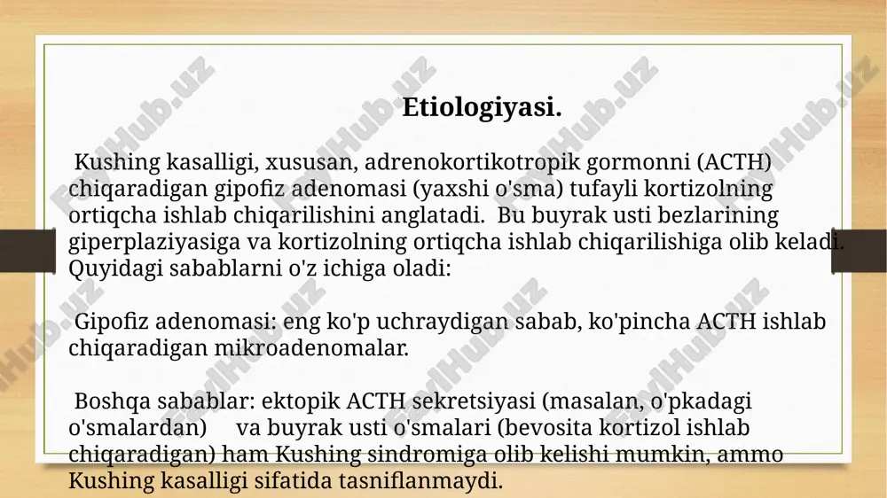 ari: kortizol ishlab chiqarishni kamaytiradigan ketokonazol, metirapon va osilodrostat kabi. acth retseptorlari antagonistlari: muayyan holatlarda ishlatilishi mumkin bo'lgan mifepriston kabi. dofamin agonistlari: ba'zida adenomani qisqartirish uchun ishlatiladi. 3. radiatsiya terapiyasi: jarrohlik qilish mumkin bo'lmaganda yoki operatsiyadan keyingi kasallik qoldiqlari mavjud bo'lganda qo'llaniladi. turlarga an'anaviy radioterapiya va stereotaktik radiojarrohlik kiradi. pasireotid – somatostatinning multiligandli analogi bo’lib,kushing kasalligida,18 yoshdan oshgan neyroxirurgik davo samarasiz yoki mumkin bo’lmagan ya'ni hipofiz bezidan gormon ishlab chiqaruvchi o'simtalar sababli yuzaga keladigan kasallikda qo'llanilishi mumkin. u gormon ishlab chiqarishni ingibir qilish orqali ta'sir qiladi. qo'llanilish dozalari: boshlang'ich dozasi: odatda, oyiga 600 mikrogramm (1 marta). tadqiqotlar natijalari: zaruratga qarab, dozani 900 mikrogrammga kuniga 2marta berilishi effektliroq. davolash davomida bemorning holatini doimiy ravishda uglevod almashinuvi holatini nazorat qilish kerak. kushing kasalligini davolashda dori-darmonlar ular kortizol ishlab chiqarilishini kamaytirish yoki gormonlarning ta'sirini blokirovka qilish orqali kasallik alomatlarini boshqarishga yordam beradi. quyida eng keng tarqalgan dori-darmonlar keltirilgan: 1. ketokonazol: ta'siri: adrenal bezlarida …