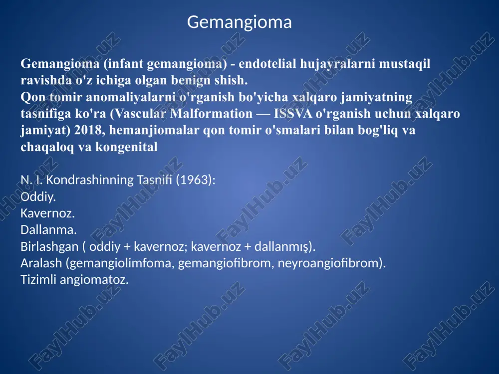 beriladi. elektrokoagulyatsiya ta'sirlangan to'qimalarga o'simtani yo'q qiladigan yuqori chastotali oqimga ta'sir qilishdan iborat. muayyan vaqtdan so'ng eksizyon joyida sog'lom teri paydo bo'ladi. har qanday patologiya uchun ishlatiladi. kavernoz shaklini olib tashlanganda chuqur chandiq qoladi. kriodestrukciya suyuq azot ta'siri bilan tugunni yo'q qilish jarayonidir. shifokorlar ko'pincha mayda patologiyani davolash uchun foydalanadilar. 1-3 kursi uchun atipik hujayralarni butunlay olib tashlashingiz mumkin. terining tiklanishi qisqa vaqt ichida amalga oshiriladi. kasallikning boshqa shakllarini davolashda chirkin yaralar qoladi, shuning uchun shifokorlar boshqa usullarni afzal ko'rishadi. sklerozing terapiyasi atipik patogenlarning o'limiga olib keladigan maxsus eritmaning hemanjiom bo'shlig'iga kiritishdan iborat. vayron qilish jarayonida bemor maydoni birlashtiruvchi mahkamaga aylanadi. kichik muhr butunlay yo'qoladi. katta tugunlar odatda hajmlarda kamayadi va o'sishda to'xtaydi. yaqin-fokus radioterapiya radioaktiv gamma nurlarining shishishiga ta'sir qiladi. usul samarali va xavfsiz hisoblanadi. kasallikning barcha shakllari uchun ishlatiladi. https://onko.guru/dobro/gemangioma.html#i-13 «kaposhi sarkomasi» kaposhi sarkomasi (kaposhi angiosarkomasi, idiopatik ko'p gemorragik sarkoma) – noma'lum etiologiyaning, patogenez va histogenezning tizimli ko'p …