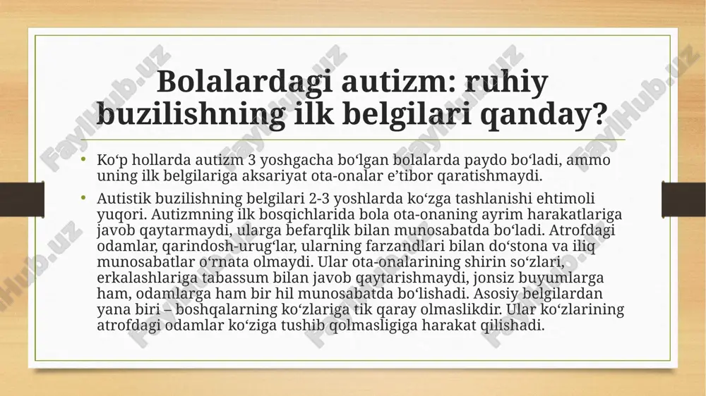 olalarnikidan kam boʻlmaydi, intellektual yoʻnalishlarda ulardan oʻzib ketishi ham mumkin. asperger sindromiga chalingan bolalar maʼlum bir yoʻnalishga qiziqishlari bilan ajralib turishadi. misol uchun, ular televizordagi bitta koʻrsatuvni tinmay tomosha qilishlari, yuzlab oʻyinchoqlar orasidan faqat bittasini tinimsiz oʻynashlari mumkin. buning oʻziga yarasha ijobiy tomoni ham bor, aslida. asperger sindromiga chalingan bola oʻzi qiziqqan mashgʻulotga diqqat-eʼtibor bilan kirishadi, kichik jihatlarga ham qiziqish bildiradi. ularning aksariyat qismi matematika, musiqa, rasm chizish yoʻnalishlarida ajoyib natijalarga erishadilar. e’tiboringiz uchun rahmat image5.png image6.png image7.png image8.jpeg image9.png image10.png image11.jpeg image12.jpeg image13.png image3.png image4.png /docprops/thumbnail.jpeg