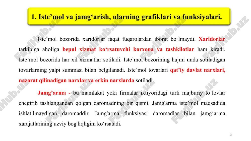 n kam hamda ular o‘rtasidagi farq jamg‘arishni tashkil etadi. haqiqiy iste’mol to‘g‘ri chizig‘i iste’mol hajmini belgilovchi vertikal o‘qni a nuqtada kesib o‘tadi. bu hol uy xo‘jaliklari umuman daromad olmaganlarida ham ma’lum miqdorda iste’mol qilishlarini anglatadi. a – nuqta esa avtonom iste’mol hajmini bildiradi. keltirilgan ma’lumotlar asosida jamg‘arish grafigini ham ko‘rib chiqamiz (2-rasm). 12 2-rasm. jamg‘arish grafigi 13 jamg‘arish grafigi daromad bilan jamg‘arish o‘rtasidagi bog‘liqlikni ifodalaydi. vertikal o‘qdagi har bir nuqta jamg‘arma miqdorini bildiradi va daromad bilan unga muvofiq keladigan iste’mol hajmi o‘rtasidagi farq sifatida aniqlanadi (s=yd - c). boshlang‘ich daromad darajasida jamg‘arish nolga (0) teng bo‘lgan holda ixtiyordagi daromad hajmi o‘sib borishi bilan uning miqdori ham oshib boradi. 14 15 yuqoridagi ma’lumotlar va grafiklarga tayanib iste’mol funksiyasini yozamiz: c =a+byd, bu yerda: a – avtonom xarajatlar; yd – tasarrufidagi daromad (yd=y-t), bu yerda: t – soliqlar; b – iste’mol hajmining tasarrufidagi daromadga bog‘liqligini ifodalovchi koeffitsiyent, boshqacha aytganda iste’molga chegaralangan moyillik. …