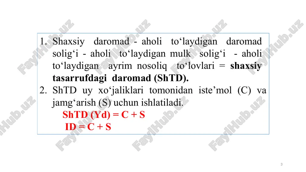 – t) yd c uy xo‘jaliklari daromadlari uy xo‘jaliklari boyligi narxlar darajasi inflyatsiya kutilishi iste’molchilar qarzlari soliq solish darajasi makroiqtisodiy siyosat va bank tizimiga ishonch darajasi iste’mol omillari 11 2. iste’mol va jamg‘arishga o‘rtacha hamda chegaralangan moyillik. 12 makroiqtisodiy tahlil jarayonida iste’mol va jamg‘arish funksiyalarini yanada to‘laroq bilish uchun iste’mol va jamg‘arishga o‘rtacha moyillik va chegaralangan moyillik tushunchalarini mohiyatini anglab olishimiz lozim. iste’molga o‘rtacha moyillik deganda tasarrufidagi daromaddagi iste’mol xarajatlarining ulushi tushuniladi, ya’ni: apc = bunda: apc – (average propensity to consume) iste’molga o‘rtacha moyillik. 13 tasarrufidagi daromaddagi jamg‘arish ulushini jamg‘arishga o‘rtacha moyillik deb ataladi, ya’ni: aps = bunda: aps (average propensity to saving) – jamg‘armaga o‘rtacha moyillik. misol uchun, tasarrufidagi daromad darajasi 410 va 530 shartli birlikka va iste’mol darajalari 405 va 495 shartli birlikka teng bo‘lgan holatlar uchun iste’molga o‘rtacha moyillikni hisoblaymiz, ya’ni: apc =(405 / 410) x 100 = 98, 78% yoki 0,98; apc = (495 / …