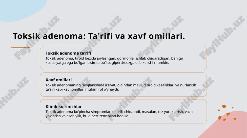 e'molini oshiradi. o'ziga xos mexanizmlar tiroksik nodul gormon ishlab chiqarish jarayonida, tiroid gormoni ishlab chiqaruvchi hujayralarning ko'payishi va faoliyati boshqariladi, bu esa gormon darajasini oshiradi. klinik ahamiyati tiroksik nodulning gormon ishlab chiqarishi, gipertireoz simptomlariga olib kelishi mumkin, bu esa yurak urishi, vazn yo'qotish va asab tizimi faoliyatini buzadi. tiroksik nodulning sog'liq uchun ta'siri va simptomlari. tiroksik nodul, shuningdek, toksik adenoma sifatida tanilgan, organizmda gormonal muvozanatni buzishi mumkin. buning natijasida gipertiroz simptomlari, masalan, tez yurak urishi, vazn yo'qotish va asabiylik paydo bo'lishi mumkin. ta'siri shaxsning umumiy sog'lig'iga salbiy ta'sir ko'rsatishi mumkin. photo by shruti mishra on unsplash toksik adenoma va gormonlar: ishlab chiqarish mexanizmlari. 1 toksik adenoma mexanizmi - toksik adenoma, tiroid glandida joylashgan benign tumordir. u o'z-o'zidan tiroid gormonlarini ishlab chiqarib, gipertireozga olib kelishi mumkin. 2 gormon ishlab chiqarish - toksik adenoma gormon ishlab chiqarish jarayoni, adenomaning o'ziga xos hujayralari orqali amalga oshiriladi, bu esa gormonlarning ortiqcha ishlab chiqarilishiga olib …