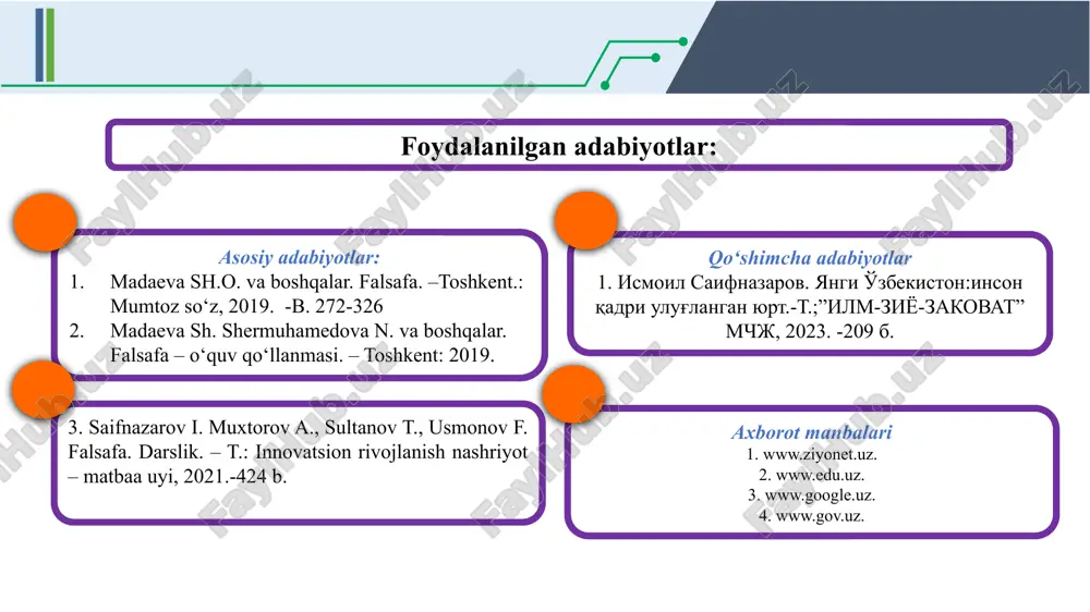 yatlarini aniqlash, tarixiy bilishda haqiqatning tagiga yetishga qaratadi. tarix falsafasi antropologiyasi insonning tarixiy jarayondagi o’rnini, bu jarayonda tarix subyektlarining rolini aniqlaydi va «tarixni kim harakatga keltiradi?», degan savolga javob beradi. 01 02 04 03 3. 3. madaniyat va sivilizatsiya. madaniyat insonni boshqa barcha tabiiy-biologik dunyodan ajratib turuvchi murakkab va serqirra hodisa bo‘lib, ijtimoiy hayotning barcha sohalariga daxldordir. madaniyat atamasi (arab tilida – shaharga xos, qayta ishlov berilgan)ning hozirgi zamon fanida 600 dan ko‘proq tariflari mavjud. yaratuvchilik vazifasi. bu madaniyatning bosh vazifasi bo‘lib, inson faoliyati davomida moddiy va manaviy qadriyatlar yaratiladi. marifaiy (gnoseologik) vazifa. informasion (axborot etkazuvchi) vazifa. kommunikativ (aloqa o‘rnatish) vazifasi va boshq… «sivilizatsiya» (lot. civilis – fuqarolarga, davlatga xos), tamaddaun – 1)keng manoda – ongli mavjudotlar mavjudligining har qanday shakli; 2) madaniyat so‘zining sinonimi; 3)madaniyatning zamon va makondan chegaralangan tarixiy tipi (misr sivilizatsiyasi va boshq.); 4)yovvoyilik va vahshiylikdan keyingi ijtimoiy taraqqiyot bosqichi. modernizasiya (fran. moderisatio,moderne – yangi, zamonaviy) – …