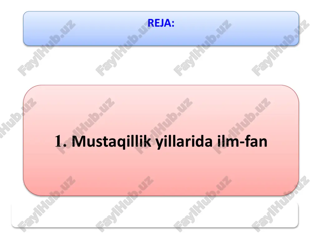 ri» ilmiy-o‘quv markazi, 2012-yili immunologiya institutida «biotibbiyot» ilmiy-ta’lim innovatsion markazi ish boshladi. o‘zbekiston respublikasi prezidentining 2012-yildagi «oliy malakali ilmiy va ilmiy-pedagog kadrlar tayyorlash va attestatsiyadan o‘tkazish tizimini yanada takomillashtirish to‘g‘risida»gi farmoniga muvofiq 2013- yilning 1-yanvaridan boshlab dissertatsiya himoya qilish va fan doktori ilmiy darajasini berish bo‘yicha oliy o‘quv yurtidan keyingi ta’limning bir bosqichli tizimi joriy qilindi. lekin bu tizim mavjud xalqaro ilm-fan standartlariga to‘la mos kelmaganligi, respublikadagi mavjud ilmiy salohiyatning tushib ketganligi sababli, 2017-yil fevraldan shavkat mirziyoyev tashabbusi bilan xalqaro standartlariga mos keluvchi, falsafa doktori va fan doktori darajalarini beruvchi ikki bosqichli tizimga o‘tildi. o’zbekiston tarixi 9 2016-yildan o‘zbekiston ilm-fanida tom ma’noda tub islohotlar davri boshlandi. o‘zbekiston respublikasi prezidenti shavkat mirziyoyev 2016-yil 30-dekabr kuni ilk bor mamlakatimizning yetakchi ilm-fan namoyandalari bilan uchrashdi. uchrashuv natijalariga ko‘ra, o‘zbekistonda ilm-fanga e’tibor yanada kuchayishi belgilandi. prezidentning 2017-yil 17-fevraldagi «fanlar akademiyasi faoliyati, ilmiytadqiqot ishlarini tashkil etish, boshqarish va moliyalashtirishni yanada takomillashtirish chora-tadbirlari to‘g‘risida»gi qarori asosida …