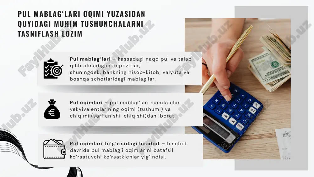 liyatni amalga oshirish aktivlarni sotib olish va joylashtirish, o‘z majburiyatlarida amalga oshirish, investorlarga daromadlarini to‘lash yuzasidan zaruriy amallarning bir xilligidan kelib chiqadi. pul mablag‘larining manbalarida birinchi navbatda xususiy kapitalning shakllanishiga ahamiyat qaratish lozim. xususiy kapital xo‘jalik yurituvchi subyektning boshlang‘ich kapitalidir. ushbu kapital asosiy va aylanma kapital minimumini ta’minlab beradi. pul oqimlarining shakllanishi va ularning ishlatilishidagi umumiy jihatlar bilan bir qatorda albatta har bitta korxonaning ularning harakati, tezligi yuzasidan o‘ziga xos jihatlari mavjud. masalan: pul va pul ekvivalentlarining harakati savdoda, umumiy ovqatlanishda, qurilishda, sanoatda, qishloq xo‘jaligida bir-biridan tubdan farq qiladi. bu tarmoq va bo‘g‘inning, korxona faoliyatining o‘ziga xos xususiyatlaridan kelib chiqadi. pul mablag‘laridan samarali foydalanishni tashkil yetish ko‘p jihatdan korxonalarda pul mablag‘larining harakatini optimal boshqarishni tashkil yetilganligiga va ular ustidan nazoratni yo‘lga qo‘yilganlik darajasiga bog‘liq. biroq, ko‘plab korxonalarda pul mablag‘lari va pul ekvivalentlarini boshqarish va doimiy nazorat qilishdagi kamchiliklar tufayli moliyaviy natijaviylikdagi ijobiy holat, debitorlik majburiyatlarini oshirib yuborish, undirilmagan qarzdorlikning ko‘payishi …