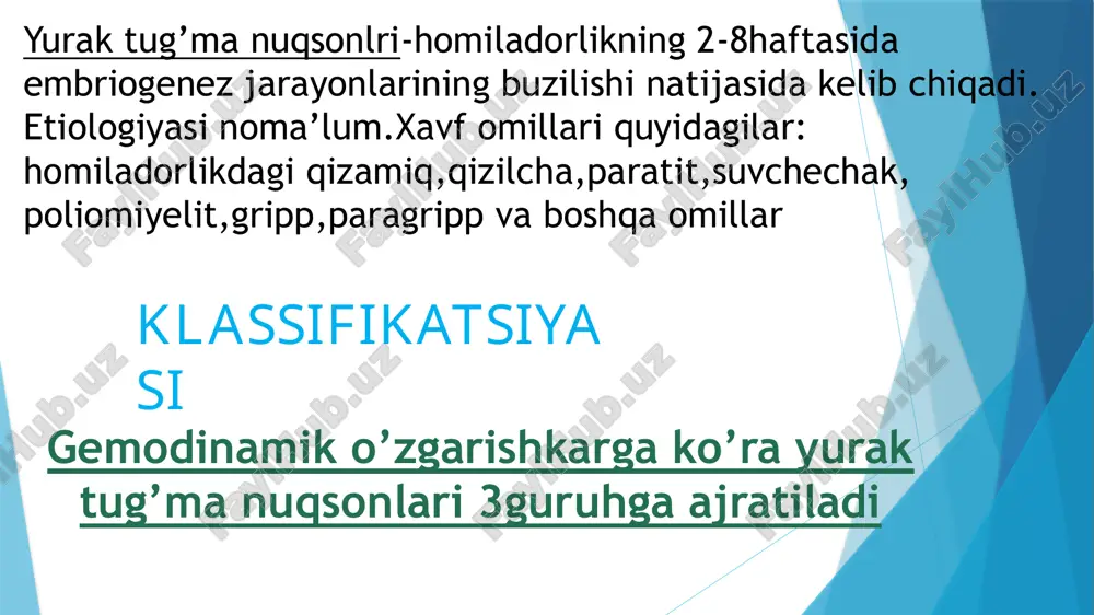 ‘pka gipertenziyasining rivojlanishiga olib keladi. o‘pkaning yuqori gipertenziyasi venoz qonning katta qon aylanish doirasiga tushishiga, sianoz paydo bo‘lishiga va o‘ng qorincha yetishmovchiligi rivojlanishiga olib kelishi mumkin. qorinchalararo to’siq deffekti nafas qisishi, tez charchash, yurak sohasidagi og‘riq, yurak urishi teri qoplamlarining rangparligi bolaning o‘sish va rivojlanishdanorqada qolishi yurak chegaralari o‘ngga kattalashgan auskultatsiyada to‘shning chap cheti bo‘ylab kuchli sistolik shovqin, iii-iv qovurg‘alar orasida esa uning jarangliroq eshitilishi aniqlanadi. rentgenologik tekshiruvda o‘ng qorinchaning kattalashgani, o‘pka arteriyasi va uning tarmoqlarining kengaygani, chap bo‘lmachacha va qorinchaning birmuncha kattalashgani aniqlanadi. yurak bo‘shliqlari zondlanganda o‘ng qorinchada qonning kislorodga to‘yinish darajasining ortishi qayd qilinadi, kateter o‘ng qorinchadan chap qorinchaga bemalol o‘tishi mumkin. kateter chap qorinchaga kiritilganda kontrast modda o‘ng qorinchaga va o‘pka arteriyasiga tushadi. davolash - faqat jarrohlik usuli. qorinchalararo to‘siqlardagi kichik nuqsonlarga p-simon choklar qo‘yib uni bartaraf etishdan iborat. katta nuqsonlarda u teshikni sintetik mahsulotdan tayyorlangan yamoq bilan bekitish yo‘li bilan bartaraf etiladi. rentgenendovakulyar jarrohlikni rivojlanishi bilan, …