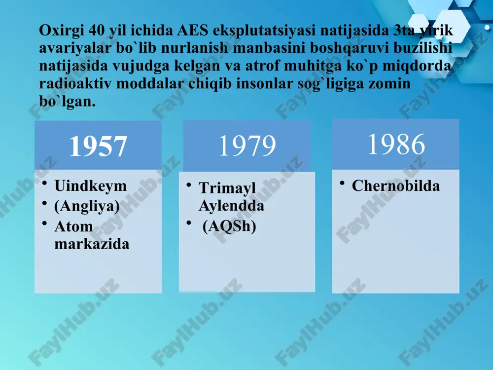 irg‘og‘iga joylashgan. sellafild oldin atom bombasi ishlab chiqarish korxonasi bo‘lgan va keyinchalik tadbirkorlik (savdo) korxonasiga aylangan. uning binolarida yuzlab belgilanmagan holatlar yuz bergan. hozirgi vaqtda bino devorlarining uchdan ikki qismi radiaktiv chiqindisi sifatida qaraladi. korxona yiliga 8 million litr atrofida dengizga radiaktiv zararlangan suyuq chiqindilarni to‘kkan. shu sababli irland dengizini dunyodagi eng kuchli radiaktiv ifloslangan dengizga aylantirgan. angliya o‘zining yashil va go‘zal landshaftlari bilan faxrlansada shu bilan birga dunyo okeanlarini zaharli va moddalar bilan ifloslantiruvchi davlat bo‘lib kelmoqda. rossiya, sibir kimyo kombinati qirq yillik yadro chiqindilariga ega bo‘lgan “mayak” ishlab chiqarish kombinati rossiyadagi yagona korxona emas. sibirda kimyoviy sanoat korxonalari joylashgan. u qirq yillik yadro chiqindilar zahirasiga ega. u 125 ming tonnalik chiqindilarni saqlaydigan ochiq hovuz(bassayn) ga ega-ki undan er ostiga radiaktiv chiqindilar o‘tishi mumkin. shamol va yog‘ingarchiliklar radiaktiv chiqindilarni atrof muhitga yoymoqda. qozog‘iston, semipalatinsk poligoni semipalatinsk poligoni sssr ning yadro sinovlari maydoni bo‘lgan. bu hududda 700 mingdan oshiq aholi …