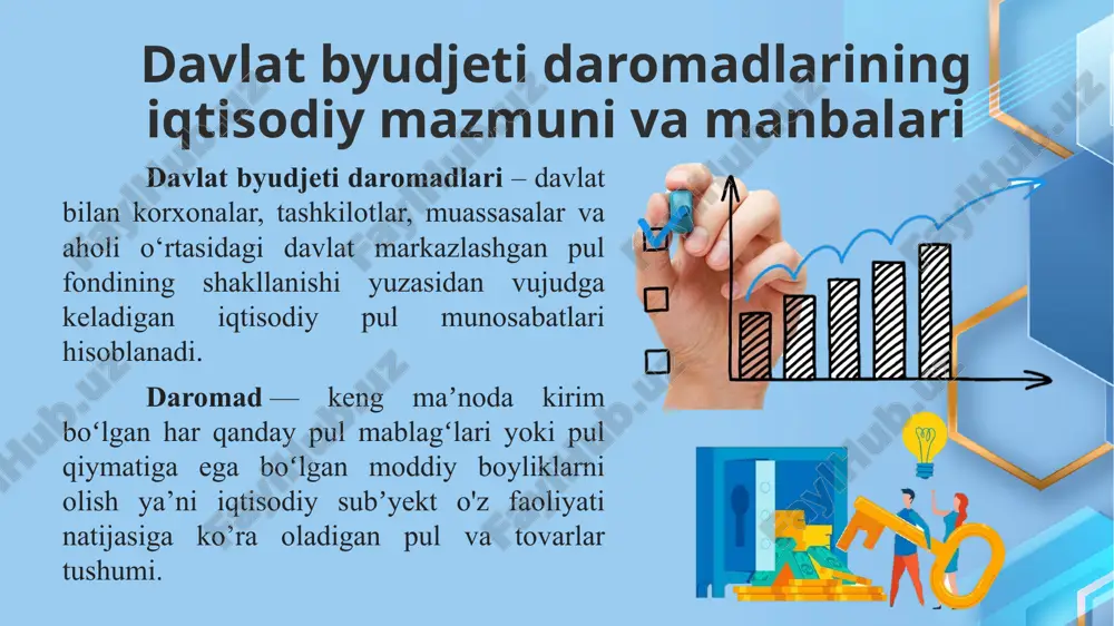 bilan o’rnatiladi. byudjet daromadlarining byudjet tizimi darajalari o’rtasida taqsimlanishi davlat byudjetining soliqsiz daromadlari tarkibi va tuzilishi o‘zbekiston respublikasi byudjet kodeksiga ko‘ra davlat byudjetining soliqsiz daromadlariga; yuridik va jismoniy shaxslardan, shuningdek, chet davlatlardan kelgan qaytaril-maydigan pul tushumlari, rezident-yuridik shaxslarga va chet davlatlarga berilgan byudjet ssudalarini qaytarish hisobiga tushadigan to‘lovlar, davlatning moliyaviy va boshqa aktivlarining joylashtirilishi, foydalanishga berilishi va sotilishidan olingan daromadlar kiritilgan. davlat byudjetining soliqsiz daromadlari tarkibi va tuzilishi davlat yoki mahalliy hokimiyat egaligida bo‘lgan mulkdan yoki xo‘jalik faoliyatidan olingan daromadlar; 2. davlat yoki mahalliy hokimiyat egaligida bo‘lgan mulkni sotishdan olingan daromadlar; 3. davlat zaxiralarini sotishdan olingan daromadlar; 4. yer va nomoddiy aktivlarni sotishdan olingan daromadlar; 5. jarima-jazolarni qo‘llash orqali olingan daromadlar; 7. tashqi iqtisodiy faoliyatdan olingan daromadlar. e’tiboringiz uchun rahmat image3.jpg image8.emf oleobject1.bin oleobject2.bin image9.png image10.png image11.png image12.png image13.png image14.png image15.png image16.png image17.png image18.png image19.png image20.png image21.png image22.png image23.png image24.png image25.png image26.png image27.png image28.png image29.png image30.png image31.png image32.png image33.jpeg image34.png …