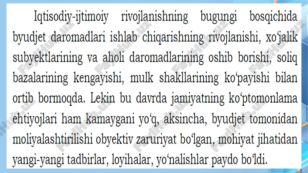 tashqari jamg’armasi amaldagi tartibga muvofiq ravishda davlat tomonidan ichki va tashqi qarzlarni jalb qilish quyidagi maqsadlar uchun amalga oshirilishi mumkin iqtisodiyotni rivoj-lantirishning ustuvor yo‘nalishlarini, shu jumladan, davlat investitsiya dasturlarini moliyalashtirish davlat byudjetining da- romadlari bilan xarajatlari o‘rtasida tushumlar vaqtga ko‘ra muvofiq emasligi tufayli kelib chiqqan yillik ichki tafovutni to‘g‘rilash mavjud qarzlarni qayta moliyalashtirish byudjet defitsitini moliyalashtirish tabiiy ofat va boshqa favqulodda vaziyatlar tufayli mablag‘larga bo‘lgan ehtiyojlarni qoplash davlat qarzini boshqarish o‘zbekiston respublikasida davlat qarzini boshqarishning oliy organi o‘zbekiston respublikasi oliy majlisidir. oliy majlis byudjet defitsitini moliyalashtirish uchun jalb qilinishi lozim bo‘lgan mablag‘lar va byudjet mablag‘lari hisobidan kreditlashtirishning maksimal miqdorlarini belgilaydi u yoki bu ko‘rinishdagi qimmatli qog‘ozlarni chiqarishning chegaraviy hajmini o‘zbekiston respublikasi hukumati – o‘zbekiston respublikasi vazirlar mahkamasi o‘rnatadi davlat ichki va tashqi qarzlarini boshqarishni optimallashtirish uchun ikki dasturni ishlab chiqmoq maqsadga muvofiq tashqi qarzni olish davlat dasturi ichki qarzlarni olish davlat dasturi review.uz tavsiya etilayotgan adabiyotlar ro‘yhati 1. malikov t.s., …