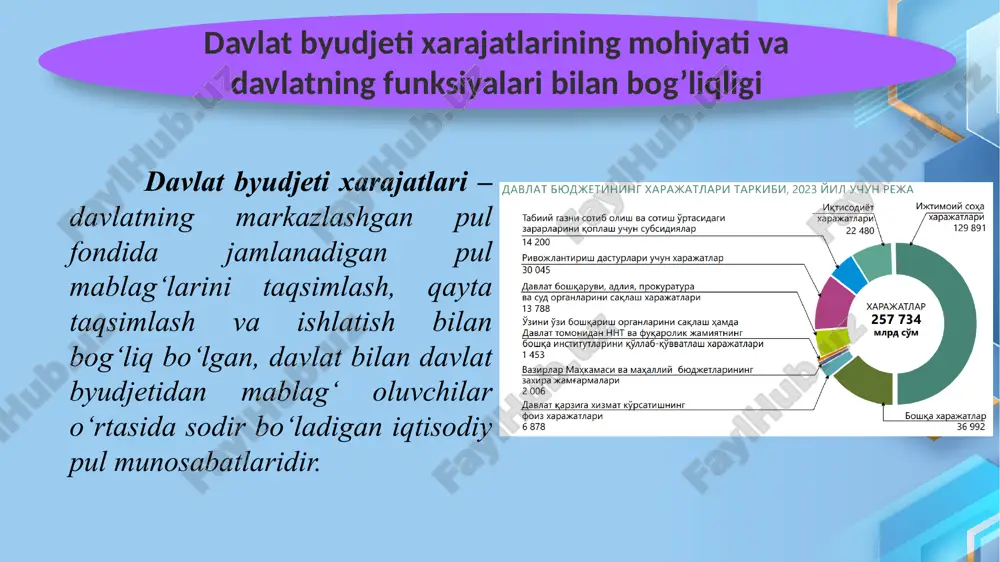 hokimliklari buyurtmachi bo‘lgan markazlashtirilgan investitsiyalarni moliyalashtirish xarajatlari; 4) mahalliy davlat hokimiyati va boshqaruvi organlarini saqlab turish harajatlari 5) qoraqalpog‘iston respublikasi respublika budjetining, viloyatlar viloyat budjetlarining va toshkent shahri shahar budjetining zaxira jamg‘armalarini shakllantirish xarajatlari; 6) jamoat ehtiyojlari uchun yer uchastkalarining olib qo‘yilishi munosabati bilan, shuningdek davlat organlarining yoki ushbu organlar mansabdor shaxslarining qonunga xilof harakatlari (harakatsizligi) natijasida yuridik va jismoniy shaxslarga yetkazilgan zararning o‘rnini qoplash xarajatlari; 7) qoraqalpog‘iston respublikasi respublika budjetining, viloyatlar viloyat budjetlarining va toshkent shahri shahar budjetining mablag‘lari hisobidan moliyalashtiriladigan tashkilotlar va tadbirlarning xarajatlari. tumanlar va shaharlar budjetlarining xarajatlari 1) ijtimoiy soha va aholini ijtimoiy qo‘llab-quvvatlash xarajatlari 2) iqtisodiyot xarajatlari 3) tuman va shahar hokimliklarini hamda ularning bo‘limlarini, shuningdek tumanlar va shaharlar budjetlari mablag‘lari hisobidan moliyalashtirilishi nazarda tutilgan davlat boshqaruvi organlarining boshqa hududiy bo‘linmalarini saqlab turish xarajatlari; 4) fuqarolarning o‘zini o‘zi boshqarish organlarini saqlab turish xarajatlari; 5) tumanlar va shaharlar budjetlarining zaxira jamg‘armalarini shakllantirish xarajatlari; 6) boshqa xarajatlar, …