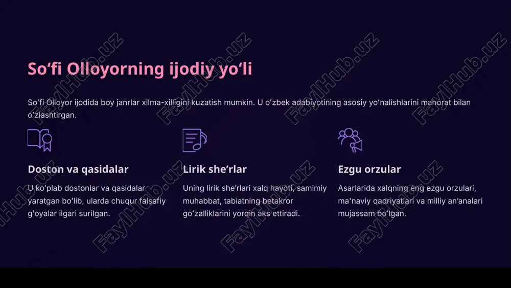 , madaniy ildizlarimizni anglatuvchi koʻprik vazifasini oʻtaydi. merosni asrash soʻfi olloyorning bebaho merosini kelajak avlodga yetkazish har birimizning masʼuliyatimizdir. qadrlashga chorlov keling, uning asarlarini chuqur oʻrganib, qadrlaylik va ularning maʼrifiy ruhini jamiyatimizga yoyaylik! 10 image1.png image2.png image3.jpeg image4.png image5.png image6.jpeg image7.png image8.png image9.png image10.png image11.png image12.png image13.png image14.png image15.png image16.png image17.png image18.png