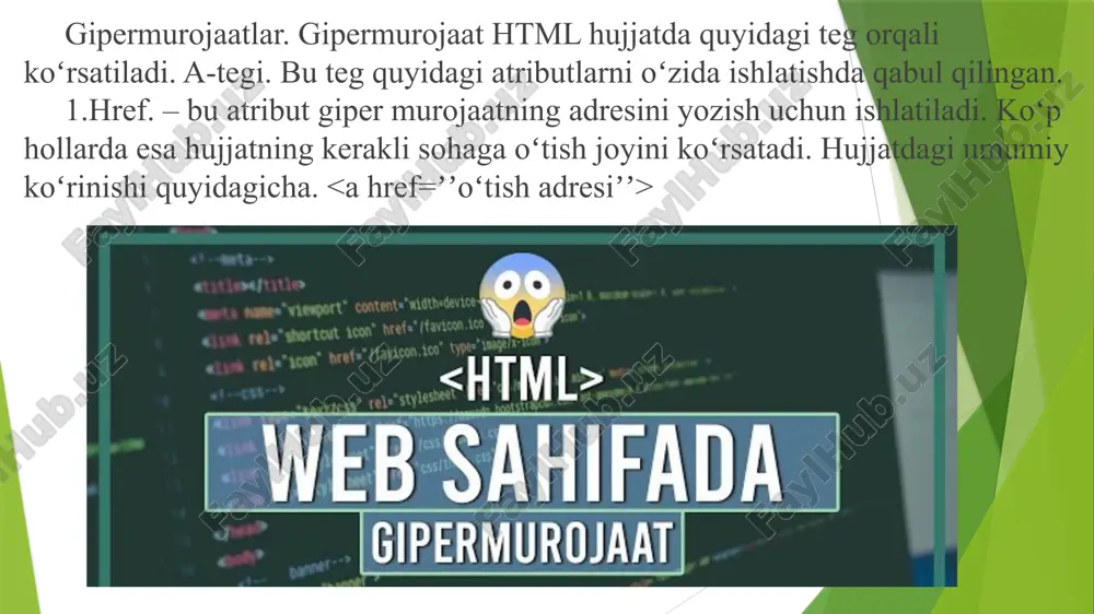 boʻlgan soʻzlar va turli iboralarni asosiy matndan ajratib koʻrsatish uchun ishlatiladi blok-darajali elementlar. blok-darajadagi element — bu vebsahifada yangi satrni boshlaydigan va uning yuqori elementining mavjud gorizontal kengligining kengligini kengaytiruvchi html element. paragraf yoki sahifa boʻlinmalari kabi katta bloklar hosil qiladi. aslida, koʻpchilik html elementlari blok darajadagi elementlardir. blok-darajadagi elementlar html hujjat tanasining ichida ishlatiladi. ular satr elementlari va boshqa blok-daraja elementlarni oʻz ichiga olishi mumkin. inline elements. blok-darajali elementlardan farqli oʻlaroq, inline element quyidagilarni bajarishi mumkin: — bir qatorda boshlaydi; — yangi qatorni boshlamaydi; — uning kengligi faqat teglar bilan belgilanadigan darajada kengayadi. inline elementning namunasi teg, yaʼni matn tarkibining shriftini qora rangda joylashtiradi. bir satr ichidagi element odatda faqat boshqa satr ichidagi elementlarni oʻz ichiga oladi yoki tanaffus yorligʻi kabi hech narsaga ega boʻlmaydi. htmlda elementning uchinchi turi ham bor: ular hech qachon koʻrsatilmaydi. ushbu elementlar sahifa haqida maʼlumot beradi, lekin veb-brauzerida koʻrsatilmaydi. image1.jpg image2.jpg image3.jpg /docprops/thumbnail.jpeg