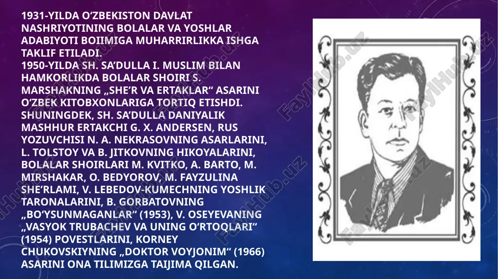 ususiyatlarini bolalar uchun sodda va qiziqarli qilib tasvirlaydi. shukur sa’dulla «yomg‘ir yog‘aloq» she’rida bahor yomg‘iriga m uhabbat bilan munosabatda bo ‘ladi. bu yomg‘ir ona- tabiatni gulga burkashi bilan birga ekin-tikinlar uchun ham koni foyda ekanligini yosh kitobxon qalbiga yetib boradigan darajada quvnoq va sho‘x misralarda yaratadi: yomg‘ir yog‘aloq, yam-yashil o ‘tloq, endi ekinlar chiqarar quloq… yomg’ir tinganda, chiqar kamalak, yomg’ir dan foyda maysaga, donga yurt serob bo ‘lar, oq bug‘doy, donga. e’tiboringiz uchun raxmat! rixsiboyeva malika 101-logopediya image2.png image3.png image4.jpeg image5.jpeg /docprops/thumbnail.jpeg