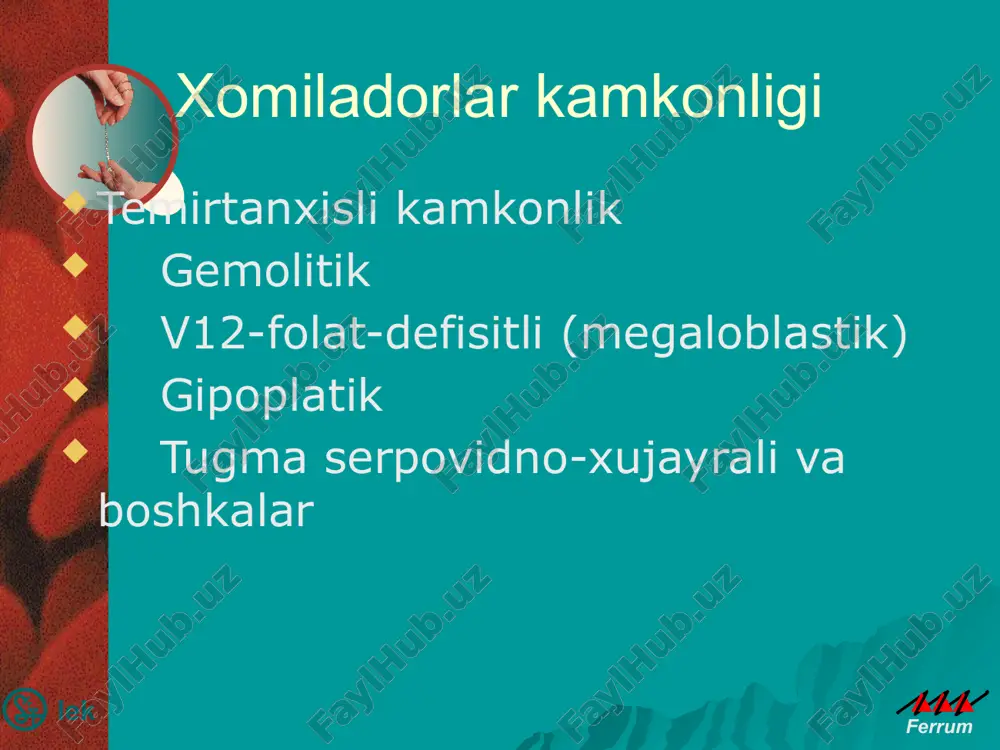 yetishmovchiligi kamqonligi temir yetishmovchiligi kamqonligi gipoxromli: eritrositlar qosil b¢lish tempidan gemoglobin kamayish tempi orqada qoladi , rang k¢rsatkich 0,8 - 0,85dan kam. mikrositar : eritrositlarning ¢rtacha xajmi (mcv) 75%dan kam. kamkonlik ogirlik darajalari lek ferrum povishennie fiziologicheskie potrebnosti -bistriy rost: grudnoy vozrast, podrostkoviy period -menstruatsiya -beremennost snijennoe postuplenie jeleza -pisha, soderjashaya nedostatochnoe kolichestvo jeleza -narushennoe vsasivanie jeleza (gelmintozi, rezektsiya jeludka) krovopoteri a: iz jkt: -enteropatiya, obuslovlennaya priemom korovego moloka -yazvennaya bolezn jeludka i 12-perstnoy kishki -vospalitelnie zabolevaniya kishechnika -mekkelev divertikul -priem lekarstv: salitsilati -glistnaya invaziya b. drugie: -gemoglobinuriya -yatrogennie -idiopaticheskiy legochniy gemosideroz -intensivnie fizicheskie uprajneniya ttk davolash prinsiplari temir preparatlari bilan 1. temir tanqisligi qolatini temir preparatlarsiz ¢rninni t¢ldirib b¢lmaydi 2. temir preparatlarni peroral berish ma'qul 3. temir preparatlarni dozasining adekvatligi gemoglobin normallashsa qam ttk davolash t¢xtatmaslik zarur, davolash davomiyligi 2-6 oy. lek ferrum k perechislennim printsipam sleduet dobavit, chto, poskolku otvet na terapiyu preparatami jeleza dostatochno bistriy i predskazuemiy, …