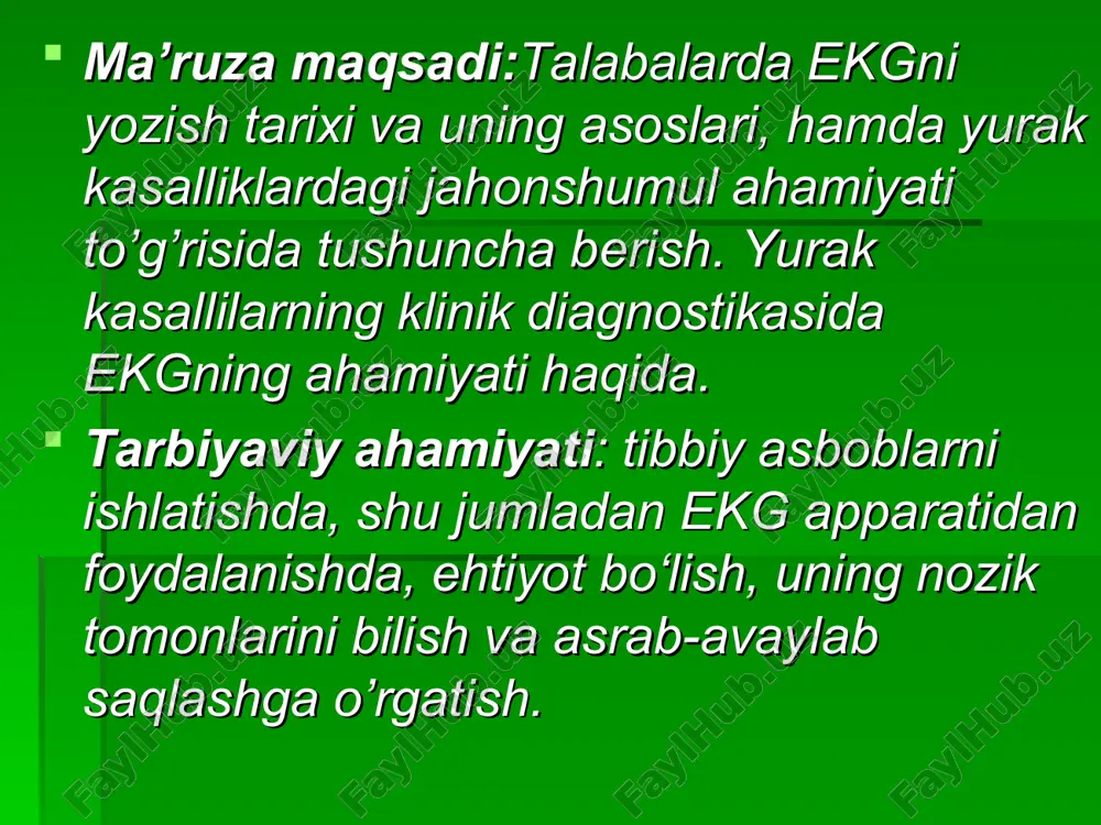 iqlash ii standart ulanishida r tishchasining balandligi normada: 5-15 mm ga teng 15 mm dan balandi yuqori voltajli 5 mm dan pasti past voltajli ekg xolter monitorlash r - m i t r a l e p tishcha: -davomiyligi 1.1 sek.dan oshadi -amplitudasi 2.5mm dan ortiq -shakli o’zgargan,2 fazali, o’rkachsimon - revmatizm kasalligining asorati mitral klapanlari yetishmovchiligi (nuqson) da r-tishchasi amplitudasi o’zgargan, davomiyligi ortgan, shakli cho’qqisimon o’zgargan. ba’zi bir surunkali o’pka kasalliklari: o’pka emfizemasining og’ir turlari, zotiljamligining ko’p yillik formalari va h.k. r- p u l m o n a l e elektr o’qi chapga siljigan rv5-6 baland sv1-2 chuqur r v1 35 mm o’tish zonasi v2, v1 ichki og’ish intervali v5-6 0,05sek ortik elektr o’qi o’nga siljigan rv1-2 baland sv5-6 chuqur r v1 +sv 5-6> 10,5 mm r v5 +sv1- > o’tish zonasi v5, v6 ichki og’ish intervali o’nga, v1 0,03 sek miokard infarkti o’tkir infarkt miokardining o’tish davrilari …