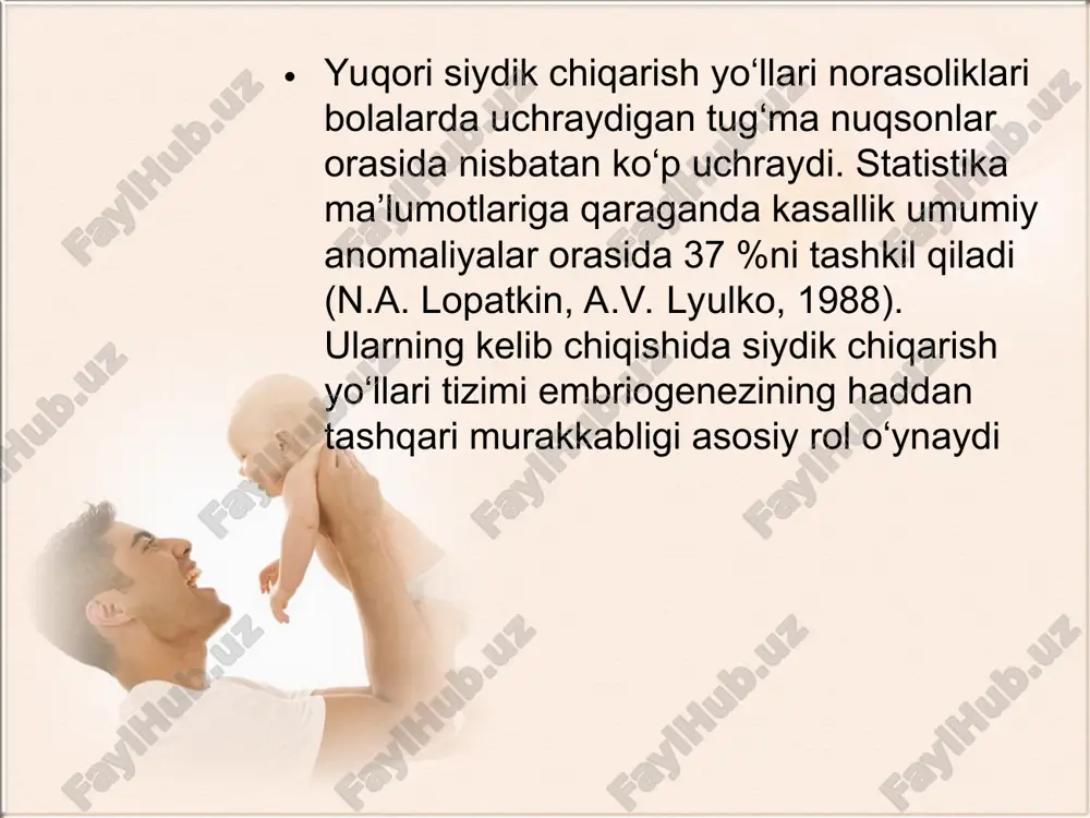 si va tashxisi. ikkilangan buyrakka xos bo‘lgan klinik simptomlar ilk bosqichlarda ro‘y-rost namoyon bo‘lavermaydi. sababsiz tana haroratining ko‘tarilishi (subfebril bel sohasida simmilovchi og‘riq biqin sohasida sanchiqli og‘riq. ikkilangan buyrakning gipoplaziv segmenti surunkali pielonefritga uchragan hollarda uning o‘tkirlashuvida dizuriya, leykosituriya, ba’zan mikro- yoki makrogematuriya kuzatiladi. proteinuriya bo‘lishi ham ehtimoldan holi emas. buyrak ikkilanishini utt orqali aniqlash mumkin. buyrakning ko‘ndalang kesimida buyrak o‘rta qismida sinuslarini bir-biridan ajratib turuvchi parenxima aniqlanadi, bundan tashqari, yuqori segment o‘lchami pastki segmentdan, taxminan ikki barobar kichik bo‘ladi. kasallikka tashxis qo‘yish uchun ekskretor va infuzion urografiyadan keng qo‘llaniladi . bu tekshirish yordamida rentgen tasvirda buyraklarning to‘liq yoki noto‘liq ikkilanganligini aniqlash mumkin. siydikning solishtirma og‘irligi kam bo‘lgan holatlarda infuzion urografiyadan qo‘llaniladi. 17.2- rasm. buyraklar ikkilanishining exografik tasviri. . retrograd pielogramma. ikki tomonlama buyraklar to‘liq ikkilanishi. davosi. hech qanaqa klinik belgilar bo‘lmaganda hech qanday muolaja talab qilinmaydi. agar ikkilangan qismning birida gidronefroz, pielonefrit, buyrak-tosh kasalligi qo‘shilgan bo‘lsa, shu kasalliklarga xos …
