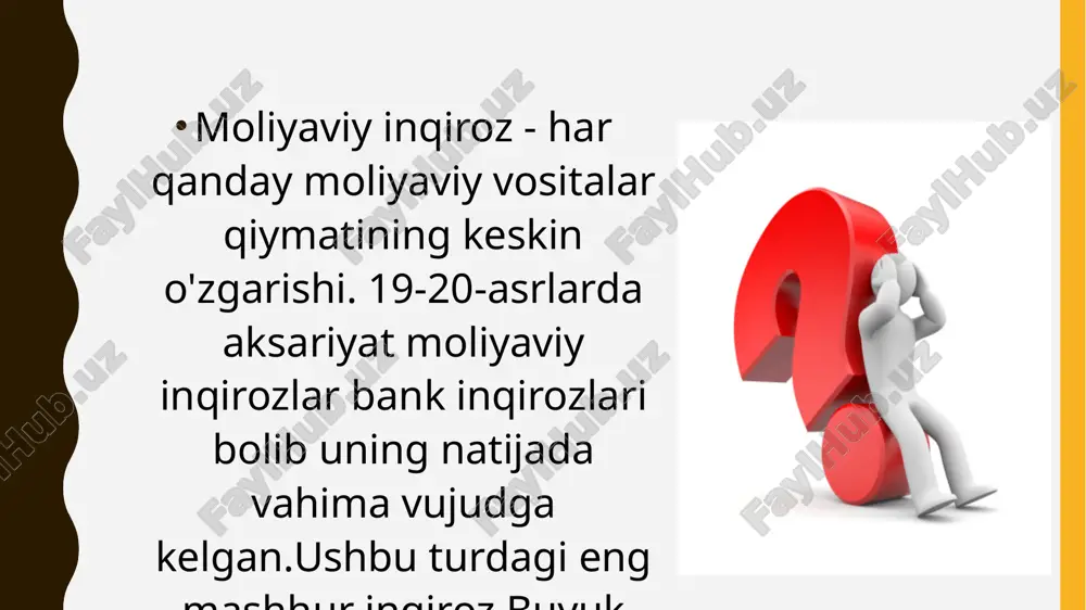 rqalishiga olib keladi. o'tgan o'ta past foiz stavkalari davrida davlat va xususiy qarzlar rekord darajaga ko'tarilganligi va retsessiya xavfi yuqori bo'lganligi sababli, global moliya tizimi katta stress sinoviga duch kelmoqda. rivojlangan iqtisodiyotdagi inqirozni – masalan, yaponiya yoki italiyada – ushlab turish qiyin bo'ladi. darhaqiqat, qattiqroq tartibga solish asosiy bank sektorlari uchun xavflarni kamaytirdi, ammo bu faqat xatarlarni moliya tizimining boshqa qismlariga o'tkazishga olib keldi. masalan, foiz stavkalarining ko'tarilishi ko'chmas mulk sotib olish uchun katta kredit olgan xususiy sarmoya kompaniyalariga katta bosim o'tkazdi. endi uy-joy va tijorat ko'chmas mulk bozori keskin va barqaror pasayish arafasida, bu firmalarning ba'zilari bankrot bo'lishi mumkin. e’tiboringiz uchun rahmat image1.jpeg image2.jpeg image3.jpeg 113012133 /docprops/thumbnail.jpeg