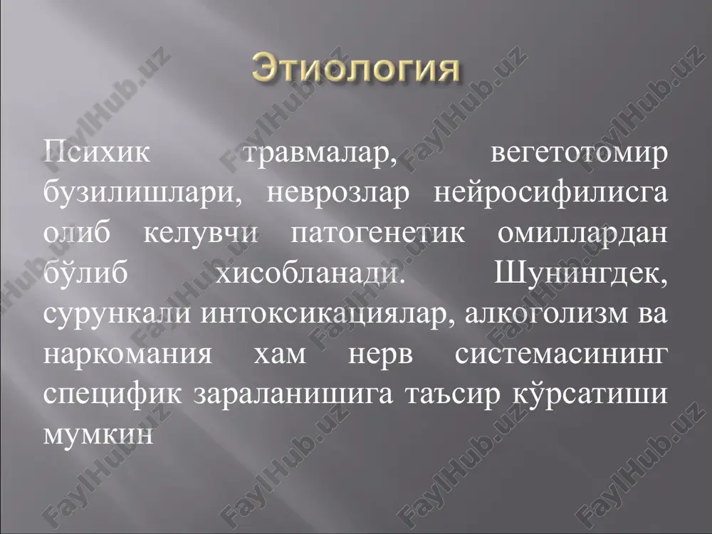 tsiya(shuningdek, alkogolizm, narkomaniya), uzoq vaqt surunkali infektsiyalar muxim axamiyatga ega. zararlanishdan so'ng ikki yildan kam bo'lmagan muddatdan so'ng paydo bo'ladi. ba'zan erta yashirin sifilitik meningit va o'tkir tarqalgan sifilitik meningitning davomi bo'lishi mumkin. o'tkazilgan sifilis bilan davolanmagan, kam davolangan, davoga rezistent bemorlarda tashxislanadi. spetsifik serologik reaktsiyalarning musbatligi va bemorlarda spetsifik davoning kam effekliligi bilan xarakterlanadi. kechki yashirin sifilitik meningit bilan og'rigan bemorlarda keyinchalik kechki tarqalgan meningovaskulyar sifilis, orqa miya so'xtasi – qurishi, progreslanuvchi falajlik rivojlanishi mumkin. bugungi kunda ancha ko'p uchramoqda. zararlanishdan so'ng 10 – 25 yildan keyin rivojlanadi. kuchli bosh og'rig'i, bosh aylanishi, gemiparezlar, epileptik tutqanoqlar, alternirlashgan falajliklar, nutq va xotira buzilishlari, shaxs buzilishlari kuzatiladi. orqa miya suyuqligidagi o'zgarishlar sezilarsiz, rit, rif musbat, standart serologik reaktsiyalar manfiy natija berishi mumkin. kechki tarqalgan meningovaskulyar sifilis kabi kechki neyrosifilisning asosiy shakllaridan biri bo'lib xisoblanadi. miya pardalari va miya moddasi jarayonga qo'shilmaydi, shuning uchun orqa miya suyuqligida deyarli o'zgarishlar kuzatilmaydi. kasallik miya …