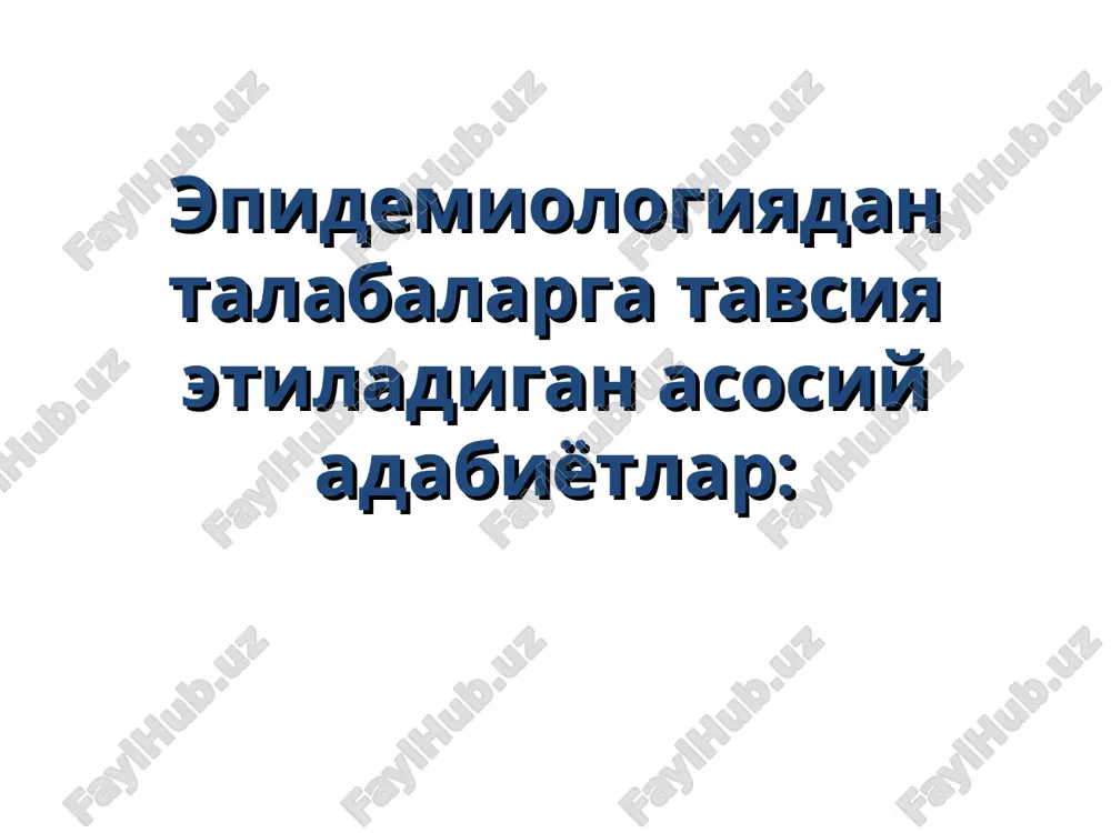 vlovskiylarning epidemiologiya soxasidagi maktablarning paydo bulishi xozirgi davr chet ellarda, sobik ittifokda epidemiologiyaning umumtibbiyot fan sifatida paydo bulishi (tibbiyot muammolarini populyatsiya darajasida urganish). samoregulyatsiya – uz-uzini boshkarish nazariyasi asosida epidemiologiya – epidemik jarayon xakidagi fan sifatida yanada rivojlanishi. dunyoning kupgina mamlakatlarida epidemiologiya kafedralarining paydo bulishi. epidemiologiyaning rivojlanishiga katta xissa kushgan buyuk olimlar: 1.gippokrat ( 7 knig ob epidemiyax) 2. avitsenna (980-1037)- 4 toma kanon meditsini z.frakastro (1478-1553)- kontagionisticheskaya gipoteza 4.eduard djenner 5.3abolotniy d.k. (1866-1929) – kafedra epidemiologiya b.gromashevskiy l.v. (1887-1980) - ep 7.bashenin v.a. (1882-1978) 8.pavlovskiy e.n. (1884-1969) teoriya prirodnoy ochagovosti 9.belyakov v.d. (1921-1997) teoriya samoregulyatsii ep 10.yafaev r.x. (1930-2008) sil 11.pokrovskiy v.i. (1929) 12.cherkasskiy b.l. (1934) 1 kaf mudiri uz. 13. xodukin n.i. 14. soshnikova m.n. (1908-2000) 15. musabaev i.k. (1910-2003) vabo 16. daminov t.a. gepatitlar 17. usmanov m.k. uzbek adabieti, meningokokk infektsiyalar 18. sharipov m.k. (1927-2006) oshkozon ichak infektsiyalar 19. niyazmatov b.i. (1938-2011) difteriya, kizamik 20. xodjaev sh.x. …