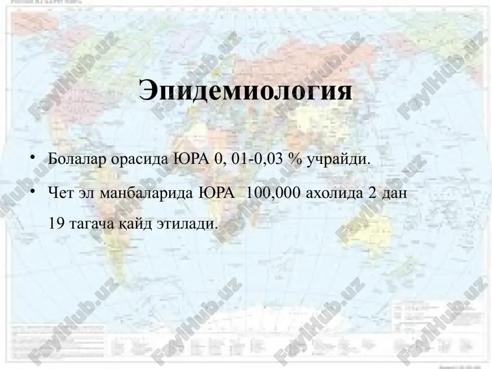 belgilari paydo bo'lishi (tog'ay to'qimasi parchalanishi, ankilozlar hosil bo'lishi); bo'g'imlar funktsiyasi turg'un buzilishi va ayniqsa buzilishlar zo'rayib borish. klinik-anatomik tavsifi yura ning asosan bo'g'im shakllari: poliartrit, oligoartrit, monoartrit yura ning bo'g'im-vistseral shakli: cheklangan vistseral (retikuloendotelial sistemani, yurak, tomirlar, buyrak, o'pka, asab tizimlari, tsirroz qobiqlar, teri, ko'zni zararlanishi, ichki a'zolar amiloidozi). still sindromi allergoseptik sindrom yuraning revmatizm bilan birgalikdagi shakli. still kasalligi kriteriyalar faollik darajasi 0 i ii iii ertalabki karaxtlik yo'q 30 daqiqagacha 12 soatgacha 12 soatdan keyin bo'g'imlarning qizarishi yo'q kam kam o'rtacha faol ekssudativ o'zgarishlar yo'q kam o'rtacha faol laborator ko'rsatgichlar a2 globulinni kontsepratsiyasining oshishi 10 gacha 12 gacha 15 gacha 15 dan yuqori echt, mm/s norma 20 gacha 40 gacha 40 dan yuqori srb yo'q + ++ +++ va yuqori yuz soxasidagi toshmalar teridagi toshmalar yura ning bo'g'imdan tashqari formalari immunokompleksli vaskulitlar to'qimalarning sensibilizatsiyalashgan tomonidan zararlanishlari kiradi. yura da yurak va boshqa organlarga ta'siri perikardit, miokardit, endokardit, …