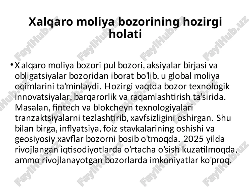 yilda 245,9 milliard dollarga yetgan, 2021 yilda esa 1,050,9 milliard dollar bo'lgan (icma ma'lumotlari). - gruziyada tegeta kompaniyasi 2023 yilda 20 million gel qiymatidagi yashil obligatsiyalarni chiqargan; basisbank 2024 yilda 20 million dollarlik barqaror obligatsiyani joriy etgan. - kapital bozorlari firmalarining 72% uchinchi tomonlarga bog'liq; moliya institutlarining 83% oxirgi ikki yilda uchinchi tomon hodisalariga duch kelgan (gartner). - rivojlangan mamlakatlarda esg investitsiyalari ustuvor, rivojlanayotganlarda esa yashil loyihalar (masalan, qayta tiklanadigan energiya) moliyalashtirilmoqda. moliya bozorining iqtisodiyotdagi ahamiyati - iqtisodiyotning real sektoriga investitsion moliya resurslarni samarali jalb qilinishi; - kapitalni samarasiz tarmoqdan samaralisiga qayta taqsimlanishi; - davlat byudjetiga hizmat ko’rsatishi, uning kamomatini (defitsitini) qoplash uchun pul mablag’larini samarali jalb qilinishi; - iqtisodiyotning holatini aniq bozor indikatorlari yordamida baholanishi; - inflyatsiya sur’atlari (templari) va valyuta kurslari o’zgarishiga operativ ta’sir ko’rsatilishi; - davlatning kredit-pul va byudjet-soliq siyosatini ob’ektiv va mutanosiblikda olib borilishi; - mulkka egalik xuquqini ishlab chiqarish vositalariga qayta taqsimlanishi;- jahon globallashuvi jarayonlariga …