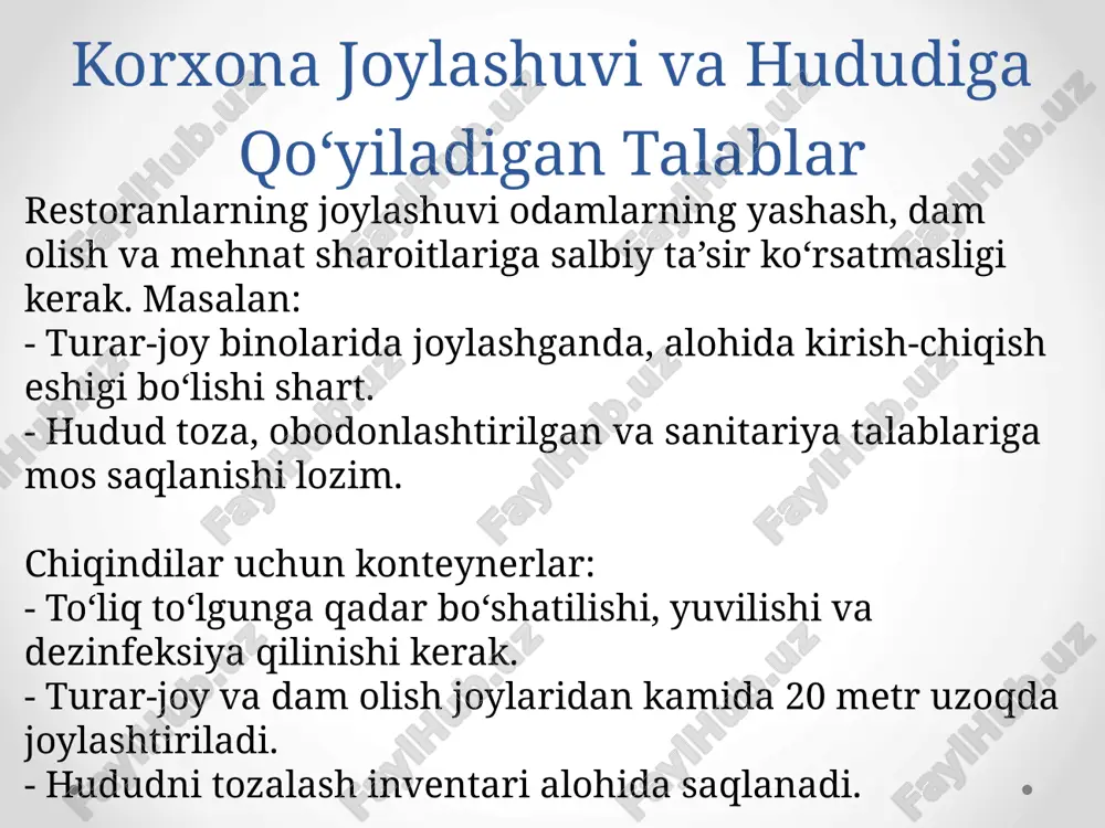 ifat nazorati o‘tkaziladi. tozalash, dezinfeksiya va deratizatsiya tozalash – doimiy jarayon: - kundalik: yuvuvchi vositalar (soda, yuvish kukuni) bilan yuvish. - haftalik: mukammal tozalash, dezinfeksiya (xlor, kvartsl lampalar). - oylik: kamida bir marta to‘liq dezinfeksiya, yozuvlar bilan jurnalda qayd etiladi. hojatxonalar alohida, inventari boshqacha. deratizatsiya (kemiruvchilar) va dezinseksiya (hasharotlar) har chorakda professional xizmatlar tomonidan o‘tkaziladi. chiqindilar va axlatlarni boshqarish chiqindilar ekologik va gigiyenik talablarga mos boshqariladi: - organik chiqindilar alohida idishlarda, yopiq holda yig‘iladi. - plastik, shisha – ajratilgan. - konteynerlar dezinfeksiya qilinadi, hududdan uzoqda joylashtiriladi. - tibbiy chiqindilar (agar mavjud bo‘lsa) maxsus yo‘naltiriladi. bu atrof-muhitni ifloslanishdan saqlaydi. xulosa restoranlarga qo‘yiladigan sanitariya-gigiyena talablari nafaqat qonuniy majburiyat, balki mijozlar sog‘lig‘i va biznesning barqarorligi uchun zaruriyatdir. ushbu qoidalarga rioya qilish ovqatdan zaharlanishlarni 90% ga kamaytirishi mumkin. har bir restoran rahbari va xodimi bu talablarni amalda qo‘llashga mas'uldir. image2.jpeg image3.jpeg image4.jpeg image5.jpeg image6.jpeg image7.jpeg /docprops/thumbnail.jpeg