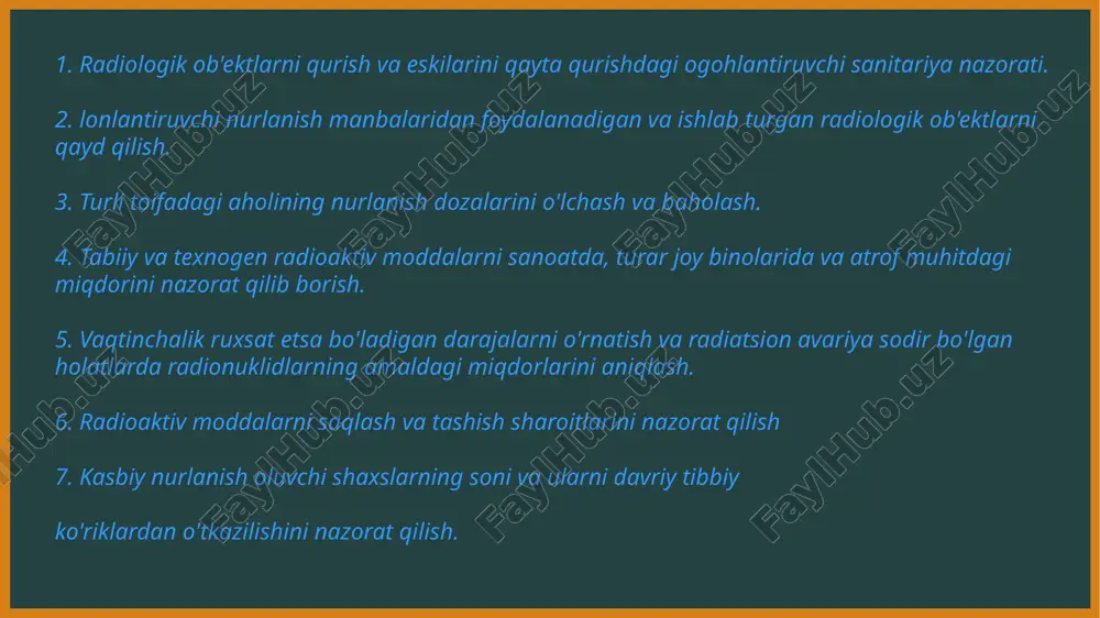 shda inobatga olinadi. ionlantiruvchi nur manbalarida ishlovchilar va aholini "radiatsion havfsizlik me'yorlari va radiatsion havfsizlik sanitar taminotining asoslari "o'zr ssv tomonidan 05.01.2006 da buyrug'i bilan tasdiqdan o'tgan. ionlovchi nurlarni yuqori biologik faollikka ega bo'lishiga qaramay bir qancha vaziyatlarda tibbiyot tufayli ionlovchi nur manbalarini inson faoliyatining har qanday sohalarida qo'llanilishi ko'paymoqda va haqiqatda ham ionlovchi nurlanish bilan kontaktda bo'lish muhim kasbiy omil bo'lib qolgan shaxslar soni koʻpaymoqda. lonlovchi nurlanish manbalari bilan aholini kontakti ehtimoli va darajasini hisobga olib barcha aholi 2 kategoriyaga bo'linadi. a-kategoriya - ionlovchi nurlanish manbalari bilan bevosita aloqada bo'luvchi xodimlar. b-kategoriya aholini chegaralangan qismi demak ionlovchi nurlanish manbalari bilan kasb tufayli bog'liq emas, lekin uni ta'sir qilish sohasida bo'ladigan aholi. lonlovchi nurlanish manbalarini qo'llash yo'nalishlarining ko'payishi halq xoʻjaligining har xil sohalarida ionlovchi nurlanish manbalarini qo'llashda nazorat olib borish shu bilan birga davlat sanitariya nazorati tashkilotlari tomonidan ham nazorat olib borish kerakligini bildiradi. sanitariya-dozimetrik nazoratga kiradi: radiologik ob'ektlarni qurishda …