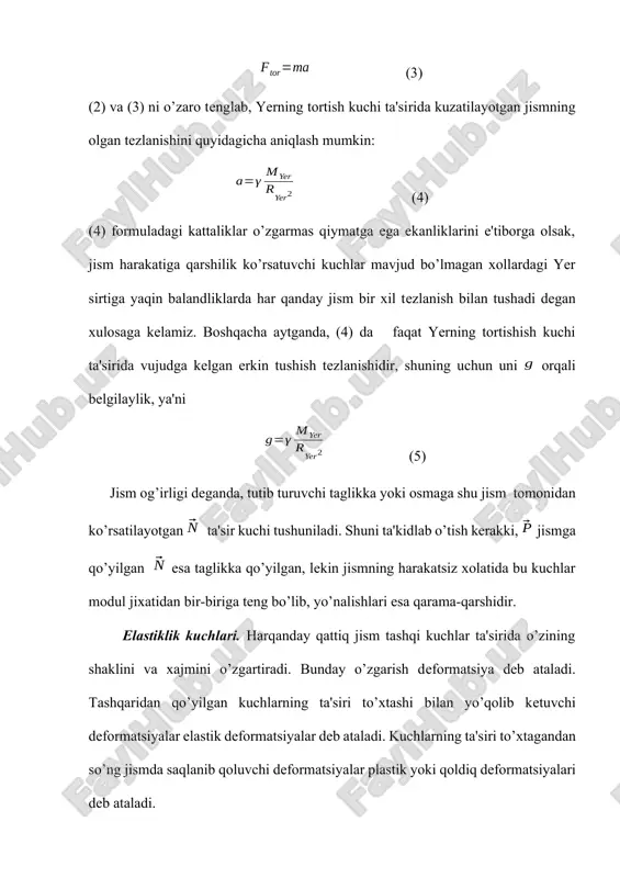 zilish) jarayonida, sterejenda uni avvalgi xoliga qaytarishga intiluvchi, son jixatidan kuchga teng lekin qarama-qarshi yo’nalishga ega bo’lgan elastiklik kuchi vujudga keladi. deformatsiyalanish darajasini sterjen uzunligining nisbiy o’zgarishi orqali belgilanadi. deformatsiyaga sabab bo’lgan tashqi ta'sir esa ta'sir etuvchi kuchning sterjen ko’ndalang kesimi yuziga nisbati orqali aniqlanadi. tashqi va elastiklik kuchlari son qiymatlari bo’yicha o’zaro teng, yo’nalishlari esa qarama-qarshi ekanligini e'tiborga olib, bu kuchlarning x o’qiga proektsiyalarini quyidagicha yozish mumkin: ; (6) bunda ni mexanik kuchlanish deb atalib, u kuzatilayotgan sterjen ko’ndalang kesimining birlik yuziga to’g’ri keladigan elastiklik kuchini ifodalaydi. ingliz olimi robert guk tajribalar asosida elastiklik deformatsiyalarda vujudga keluvchi kuchlanish nisbiy cho’zilishga proportsional ekanligini ifodalovchi qonuni yaratadi. gukning bu qonunini bir tomonlama cho’zilish yoki siqilishdan iborat deformatsiyalar uchun quyidagicha yozish mumkin: (7) (7)dagi - o’zgarmas kattalik bo’lib, sterjenning qanday materialdan yasalganligiga va uning fizik xolatiga bog’liq. e-ni elastiklik moduli yoki yung moduli deyiladi. (7) ga - ning ifodasini keltirib qo’yib yung …