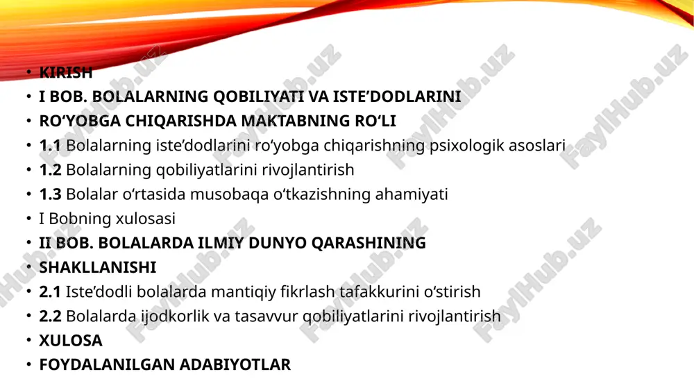 zardan, maktabgacha yoshdagi bolalik ijodiy qobiliyatlarni rivojlantirish uchun qulay davr hisoblanadi, chunki bu yoshda bolalar o‘ta izlanuvchan, ularda atrofdagi dunyoni o‘rganishga intilish kata bo‘ladi. bolalar ijodiy qobiliyatini rivojlantirish uchun asos - bu birinchi navbatda erkinlikdir. ota-onalar bolani majburlamasliklari kerak. bu borada muvaffaqiyatga erishish uchun sabr- toqat va muayyan taktika talab etiladi - ota-ona bolaning fikrini tinglashi, har qanday ijodiy faoliyatga bo‘lgan qiziqishini rag‘batlantirishi kerak. ota-onalar va o‘qituvchilar qiziquvchanlikni rag‘batlantirish, ularga bilim berish, turli tadbirlarga jalb qilish orqali bolalar tajribasini kengaytirishga hissa qo‘shadilar. tajriba va bilimlarni to‘plash kelajakdagi ijodiy faoliyat uchun zaruriy shartdir. bundan tashqari, maktabgacha yoshdagi bolalarning fikrlashlari katta yoshdagi bolalarnikiga qaraganda ancha erkindir. bolalar ijodkorlikni namoyon qilishi uchun ularga ushbu xususiyatlarning barchasi birlashtirilishi kerak. bizga ma’lumki maktabgacha ta’lim tashkilotlarida bolalar ijodkorligini rivojlantirish bo‘yicha turli mashg‘ulotlar tashkil qilinib bolalar ijodiy fikrlashga yo‘naltiriladi. 1.1 bolalarning iste’dodlarini ro‘yobga chiqarishning psixologik asoslari ta’lim-tarbiya ishlarini takomillashtirish, uni jahon andazalari darajasiga ko‘tarish, fan sohasidagi yangiliklarni …