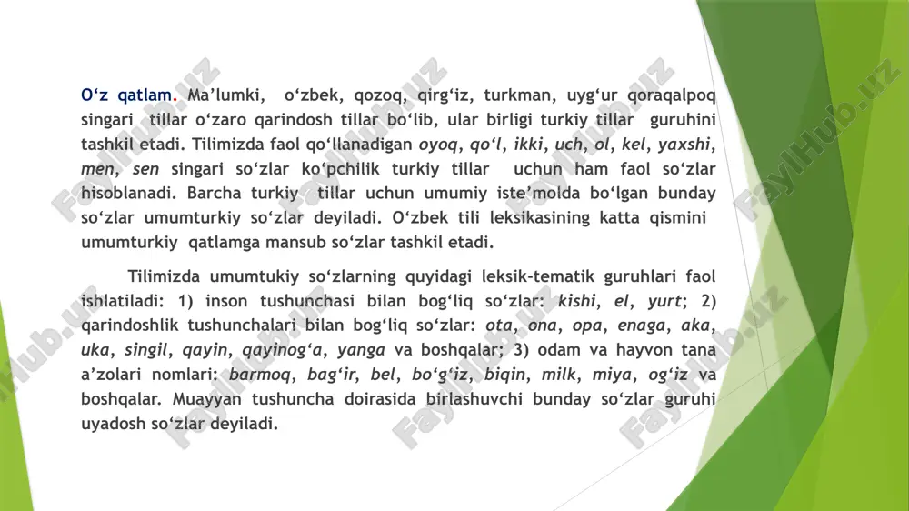 llar bilan munosabatda bo‘lib turadi. masalan: nadstroyka - ustqurma, vozzreniye - dunyoqarash, vzglyad - nigoh kabilar shular jumlasidandir o’zbek tiliga boshqa tillar ta’siri ikki muhim hodisada ko’rinadi: 1. o’zbek tiliga chet tildan kirgan so’zlarni qabul qilishda. 2. chet tilga oid so’zlarni o’zbek tiliga moslashtirishda. so’zlarning bir tildan boshqa bir tilga kirishi va singishi, shunchaki oddiy jarayon emas, balki murakkab lingvistik va ijtimoiy-tarixiy sharoitlar bilan bog’liq qonuniyatdir. tildan tilga so’z o’zlashishi uchun avvalo real sharoit lozim. bunday sharoit tillarning o’zaro hamkorligi, ya’ni tillar orasidagi aloqalardir. hozirgi o’zbek tili tarixan murakkab rivojlanish va shakllanish bosqichlarini boshidan kechirgan. o’zbek tili urug’ va qabila tili, xalq tili, milliy til va ijtimoiy millat tili davrlarida bir qator qardosh tillar, shuningdek, chet tillar bilan aloqada bo’lgan. turkiy urug’ va qabilalar tili juda qadimiy davrlardaq o’rta osiyoda azaldan yashab kelgan eroniy tillar bilan aloqada bo’lgan. o’rta osiyoda, jumladan hozirgi o’zbekiston hududida yashagan xalq eroniy tillar guruhiga kiruvchi …
