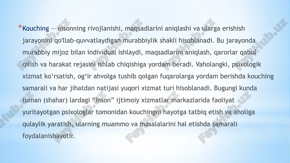 — bu insonning o'z maqsadlarini aniqlashi, shaxsiy rivojlanishiga yo'naltirilgan murabbiylik jarayoni. ushbu turdagi koʻch mijozning individual ehtiyojlarini qondirish uchun moslashtiriladi va odatda quyidagi jihatlarga qaratiladi: 1. maqsadlarni aniqlash va qoʻyish: shaxsiy kouching jarayonida mijoz o‘z oldiga aniq, o‘lchanadigan, realistik va vaqt bilan cheklangan maqsadlar qo‘yadi. murabbiy (koʻch) mijozga maqsadlarini aniqlashda va ularga erishish uchun strategiyalar ishlab chiqishda yordam beradi. 2. motivatsiya va ichki kuch: koʻch mijozga o'zini turtkilash, ichki motivatsiyani oshirish va shaxsiy kuchni rivojlantirishga yordam beradi. bu jarayonda mijoz o‘z harakatlariga va qarorlariga ko‘proq ishonch hosil qiladi. 3. vaqtni boshqarish: shaxsiy koʻch vaqtdan to‘g‘ri foydalanish va ustuvorliklarni belgilashga katta e'tibor beradi. mijoz hayotidagi har xil masʼuliyatlar va vazifalar o‘rtasida balansni saqlashni o‘rganadi. 4. muammolarni hal qilish: hayot davomida yuzaga keladigan to‘siqlar va qiyinchiliklarni samarali hal qilish ko‘nikmalarini o‘rgatadi. murabbiy mijozga turli xil qiyin vaziyatlarda qanday yoʻl tutishni va muammolarni hal qilishda ijodiy yondashuvni o‘rgatadi. 5. o'z-o'zini rivojlantirish: shaxsiy kouching …