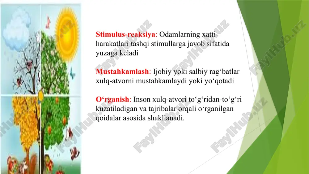 ustahkamlash texnikalari qo‘llaniladi. masalan, fobiyalar, tashvish buzilishlari, va depressiyani davolashda, shuningdek, obsesiv-kompulsiv buzilishlar kabi holatlarda ishlatiladi. bixeviorizmning jamiyatdagi roli keng qamrovli va ko‘plab sohalarda sezilarli ta'sir ko‘rsatgan. inson xulq-atvorini boshqarish, o‘rganish va rivojlantirish jarayonida bu yondashuv hal qiluvchi ahamiyatga ega bo‘lib, u boshqaruv, ta'lim, sog‘liqni saqlash, marketing va ijtimoiy dasturlarda muvaffaqiyatli qo‘llanib kelinmoqda kognitiv inqilob: 1950-60-yillardan boshlab, psixologiya sohasida kognitiv inqilob yuz berdi. olimlar insonning fikrlash, xotira va qaror qabul qilish jarayonlari kabi ichki jarayonlarini ham o‘rganish zarur ekanligini angladilar. bu bixeviorizmning faqat tashqi xatti-harakatlarga tayanishining chegaralarini ko‘rsatdi. shaxsiyat va hissiyotlarning hisobga olinishi klassik bixeviorizmda inson xulq-atvori mexanik yondashuv orqali tushuntirilar edi, ya'ni faqat stimulus va javoblar asosida. biroq, vaqt o‘tishi bilan bu yondashuv insonning shaxsiyati, hissiyoti va motivatsiyalarini hisobga olmasligi haqida tanqid qilindi. emotsional va motivatsion omillar: zamonaviy yondashuvlar insonning hissiyotlari va motivatsiyalarini ham o‘rganadi. masalan, inson qanday rag‘batlarga ega ekanligi va bu rag‘batlar unga qanday hissiy ta'sir ko‘rsatishini …