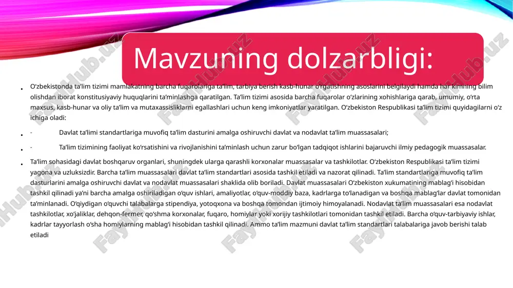 ega bo‘la boshladilar. kompleks prinsipi tarbiyaning, o‘quvchilar faoliyatining mazmunli bo‘lishini, ta’lim vazifalarini ham kompleks ravishda amalga oshirishni ta’minladi. bu prinsp maktab, oila, jamoatchilik o‘rtasidagi aloqani mustahkamlash, bu aloqaning pedagogik sifat kasb etishida, yoshlarning anglash mustaqil fikrlash faoliyati va axloq-odobli bo‘lib o‘sishida ijobiy ahamiyatga ega bo‘ldi. tarbiyada kompleks prinsipi qo‘llash o‘quv yurtlari, ta’lim muassasalarida barcha tarbiyaviy ishlar hamda, tarbiya jarayoni-vazifa, maqsad, mazmun, usul, shakl, vosita natijalarining o‘zaro aloqada bo‘lishini ta’minladi. kadrlar tayyorlash tizimning demokratik o‘zgarishlar va bozor islohatlari talablariga muvofiq emasligi, yuqori malakali pedagog kadrlarining etishmasligi, sifatli o‘quv-uslubiy va ilmiy adabiyot hamda didaktik materiallarning kamligi, ta’lim tizimi, fan va ishlab chiqarish o‘rtasida puxta o‘zaro foydali integrasiyaning yo‘qligi kadrlar tayyorlashning mavjud tizimidagi jiddiy kamchiliklar sirasiga kiradi. ta’lim – tarbiya va o‘quv jarayonlarining tarkibini, bosqichlarini bir-biri bilan uzviy boglash, yagoni uzluksiz ta’lim-tarbiya tizimini tashkil qilish muammolari hal qilingan emas. amaldagi ta’lim tizimi zamonaviy, taraqqiy topgan demokratik davlatlar talablariga javob bera olmayotir. mutaxassislar tayyorlash, …