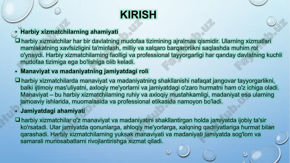 mukammallikka intilishi, bilim va ko'nikmalarni doimiy ravishda oshirib borishi ham manaviyatni shakllantiradi. harbiy sohadagi professionalizm, askarlarga o'z vazifalarini aniq va mas'uliyatli bajarish uchun ruhiy va axloqiy asos yaratadi. ruhiy chidamlilik: harbiy xizmatchilar ko'pincha qiyin sharoitlarda xizmat qiladi, shuning uchun ruhiy chidamlilik va stressni yengish qobiliyati muhim ahamiyatga ega. o'z ruhiyatini saqlab qolish va og'ir vaziyatlarga qarshi kurashish manaviyatni shakllantiruvchi asosiy omil hisoblanadi. harbiy xizmatchilar manaviyatini shakllantirish harbiy xizmatchilarda manaviyatni shakllantirishda ta'lim, mashg'ulotlar va etika asosiy rol o'ynaydi. ushbu omillar harbiy xizmatchilarning axloqiy va ruhiy sifatlarini rivojlantirishda muhim ahamiyatga ega: harbiy xizmatchilarga professional bilimlar, strategiyalar va taktikalarga oid ta'lim berish, ularning harbiy va ma'naviy jihatdan tayyorlanishini ta'minlaydi. bu omillar harbiy xizmatchilarda yuqori darajada manaviyatni shakllantiradi, ular jismoniy, ruhiy va axloqiy jihatdan kuchli bo'lib, o'z xizmatlarini va jamiyatga bo'lgan burchlarini sadoqat bilan bajarishadi. harbiy xizmatchilar manaviyatini shakllantirish ta'lim: ma'naviyatni shakllantirish uchun axloqiy va ruhiy qadriyatlar haqida o'qitish, mas'uliyat, adolat va o'zaro hurmatni …