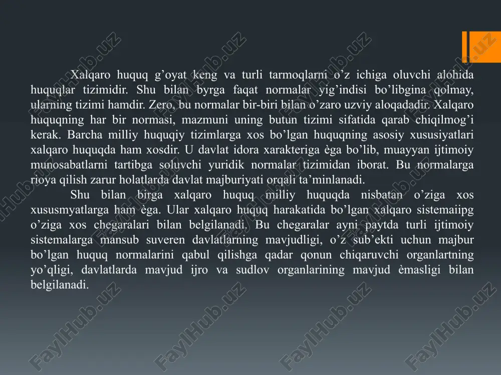 mavjud bo’lganligidan dalolat beradi. davlat va huquq umumiy tarixini xalqaro huquq. tarixiga qarama-qarshi qo’yish va uni qandaydir davriylashtirish to’g’risida gapirish metodologik jihatdan noto’g’ri bo’lur èdi. xalqaro huquqning sobiq marks-cha-lenincha fani xalqaro huquqni davriylashtirish asosiga ijtimoiy-iqtisodiy bosqichlarni qo’yib, bunda: quldorlik davrining xalqaro huquqi, feodal jamiyatning xalqaro huquqi, burjua davrining xalqaro huquqi va kapitalistik ijtimoiy-iqtisodiy formatsiyadan kommunistik formatsiyaga- o’tish davrining xalqaro huquqi tarixiy turlarini farqlaydi. inson huquqlari bo‘yicha xalqaro huquqning asosiy manbalari va prinsiplari 1948-yilda inson huquqlari umumjahon deklaratsiyasi, 1966-yilda iqtisodiy, ijtimoiy va madaniy huquqlar to‘g‘risidagi xalqaro pakt, 1966-yilda fuqarolik va siyosiy huquqlar to ‘g’risidagi xalqaro pakt va uning fakultativ bayonnomasining qabul qilinishi xalqaro huquqning mazkur tarm og‘ini navbatdagi kodifikatsiyalashtirish va tizim lashtirishi uchun asos hisoblanadi. mazkur aktlar inson huquqlari to‘g‘risidagi xalqaro bill deb nomlanishi ham bejiz emas. inson huquqlari umumjahon deklaratsiyasi xalqaro munosabatlar tarixida ilk bor fuqaroviy, siyosiy, ijtimoiy. iqtisodiy va madaniy huquqlarni hamda inson erkinligining asosiy doirasini e ’lon qildi. …